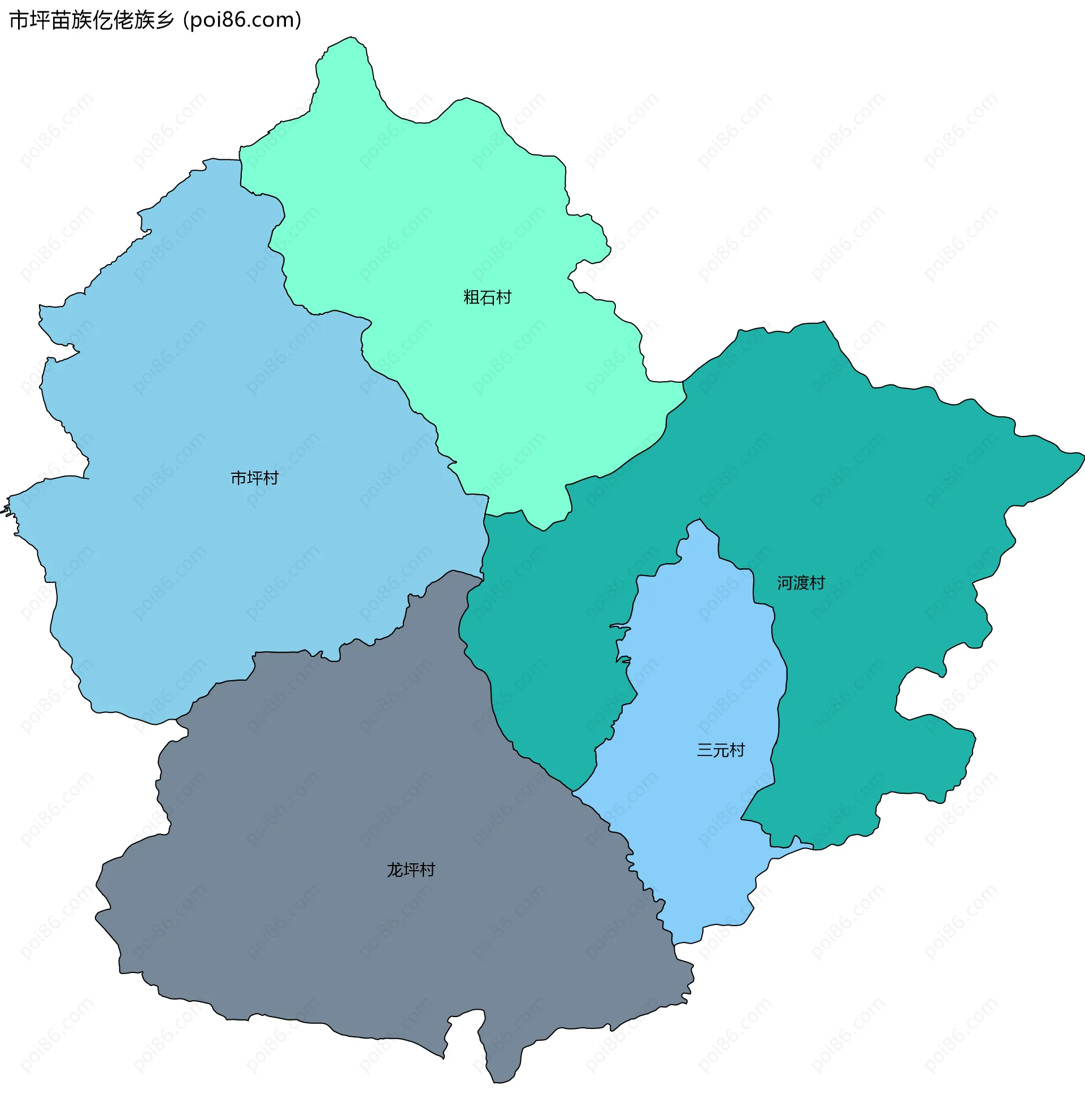 市坪苗族仡佬族乡边界地图(五级行政区划)