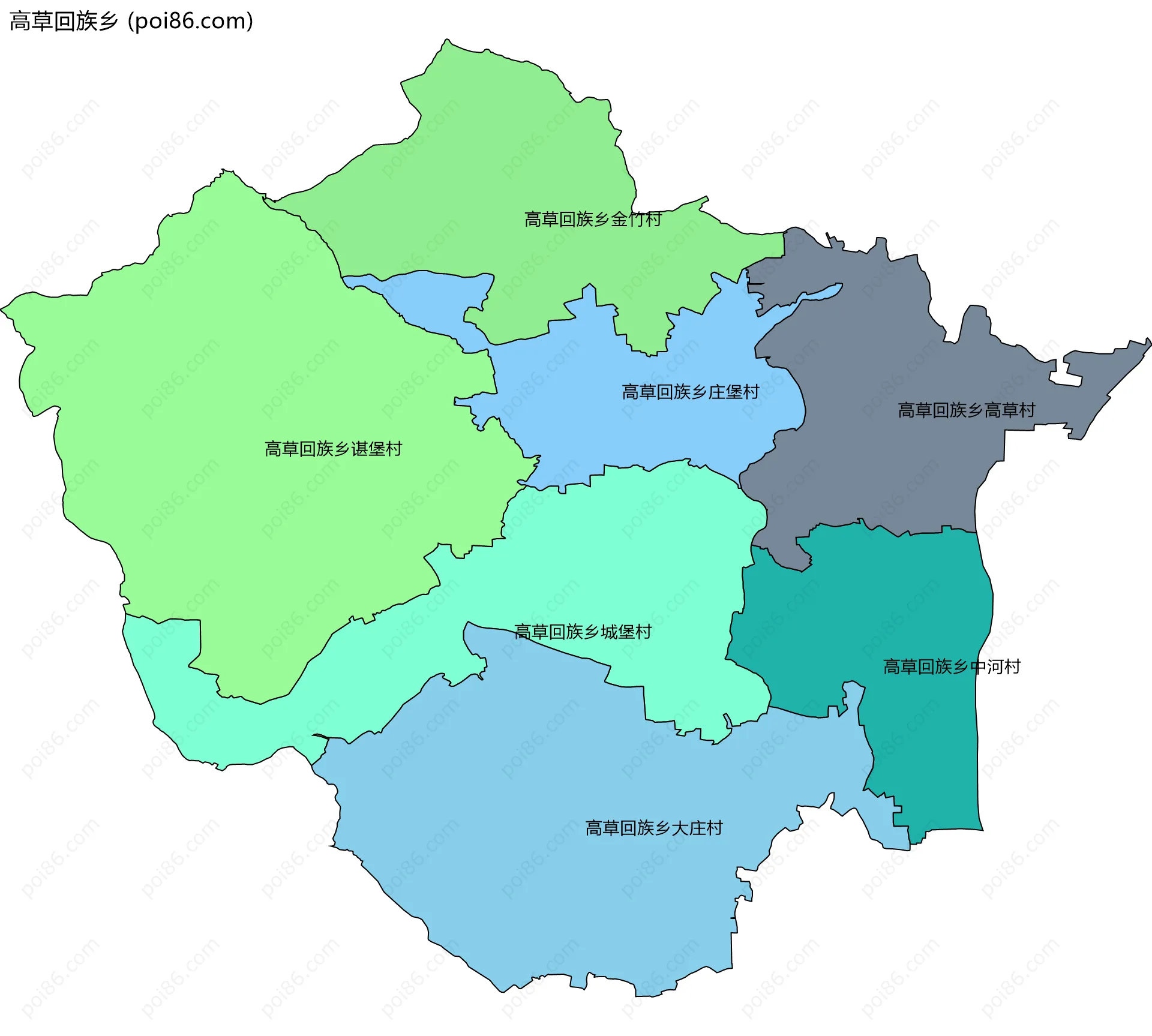 高草回族乡边界地图(五级行政区划)