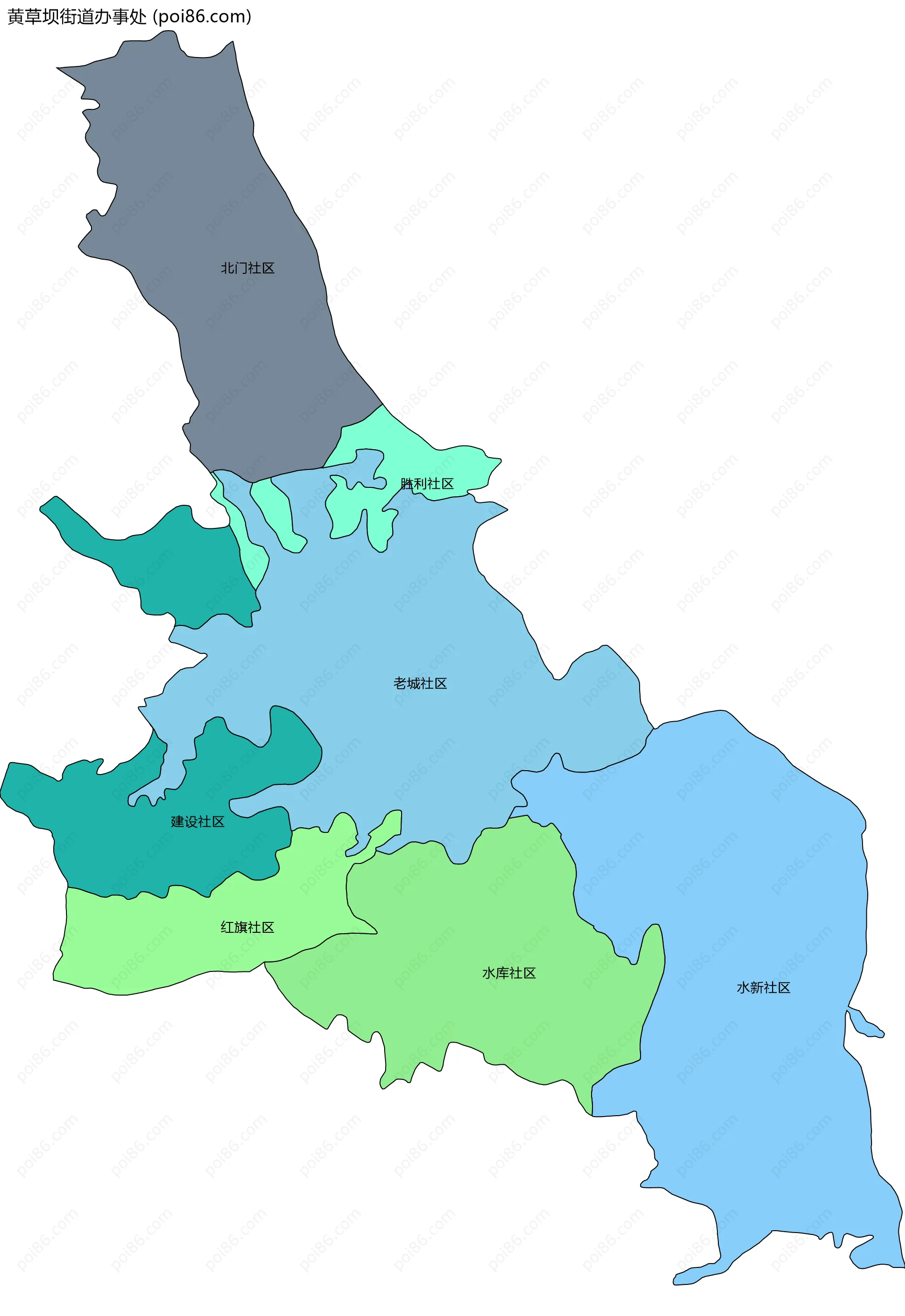 黄草坝街道办事处边界地图(五级行政区划)
