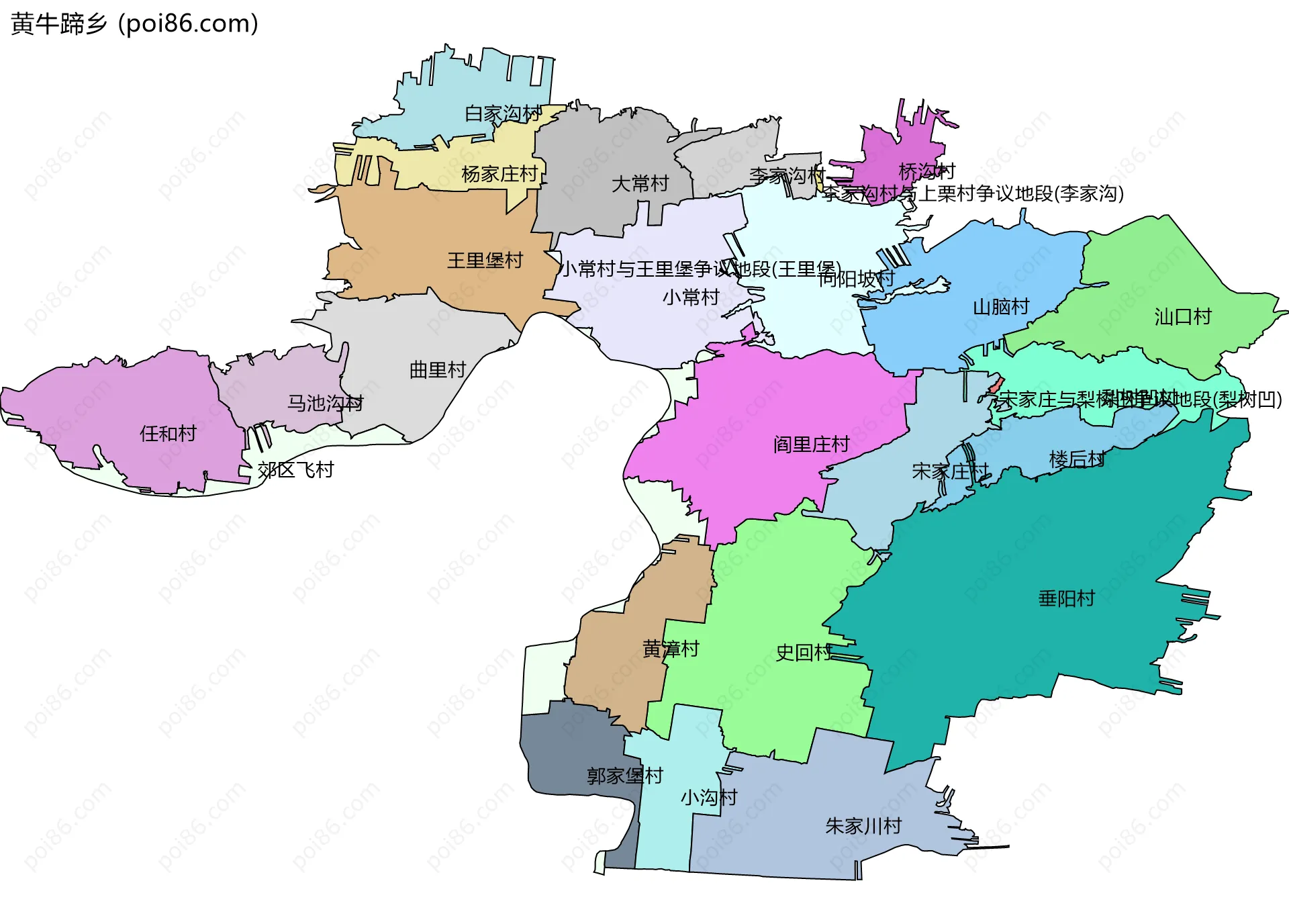 黄牛蹄乡边界地图(五级行政区划)