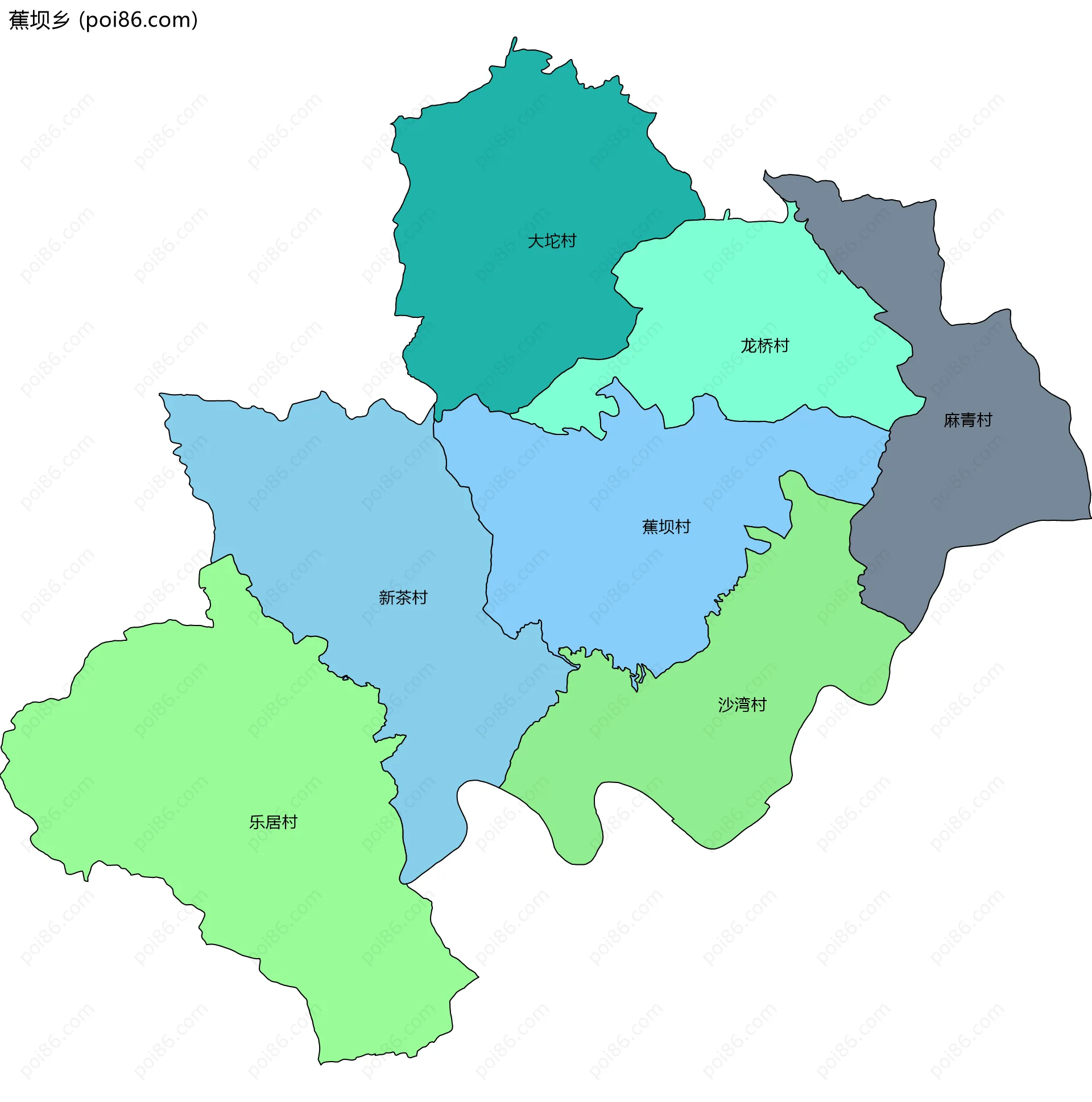 蕉坝乡边界地图(五级行政区划)