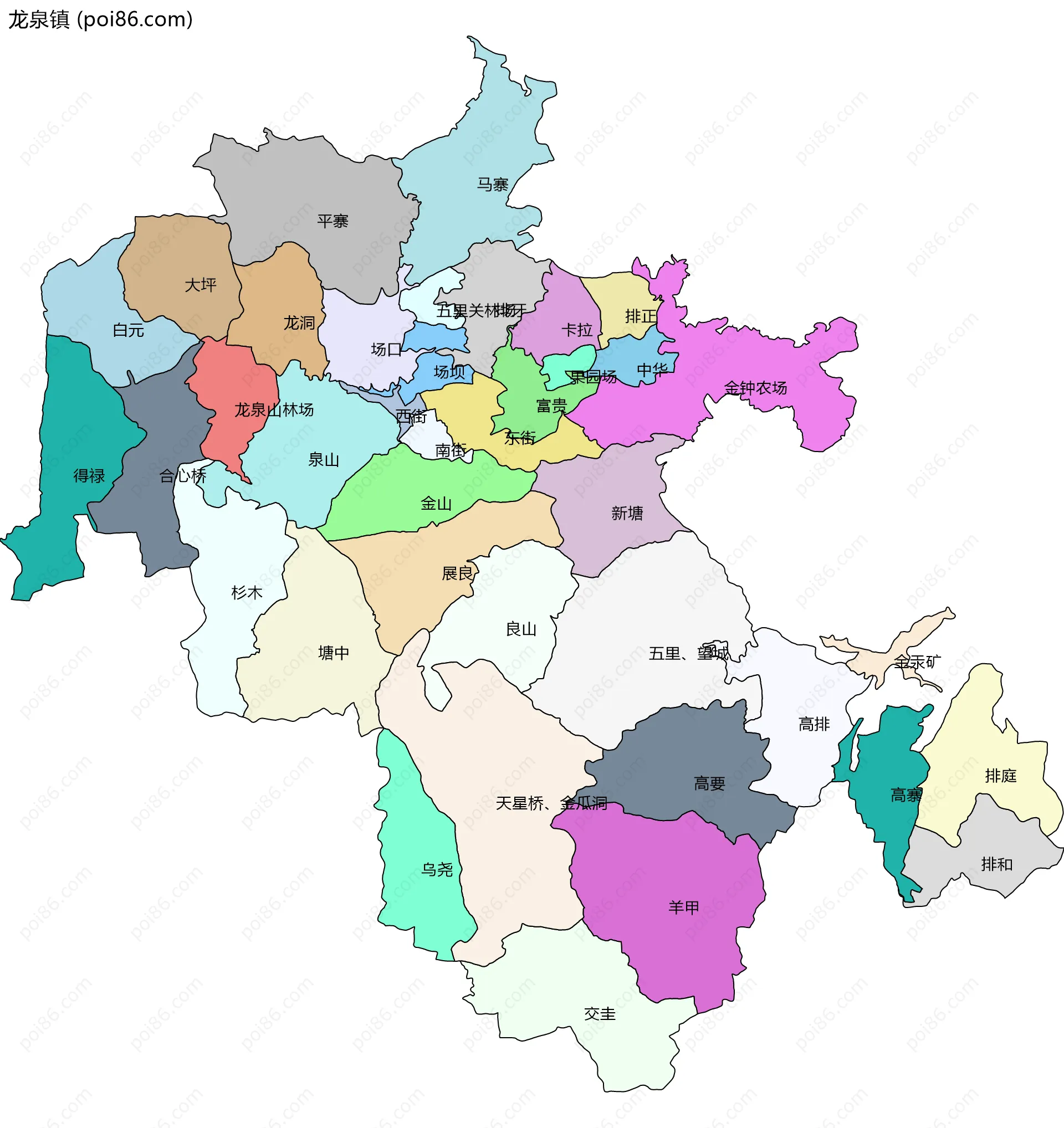 龙泉镇边界地图(五级行政区划)