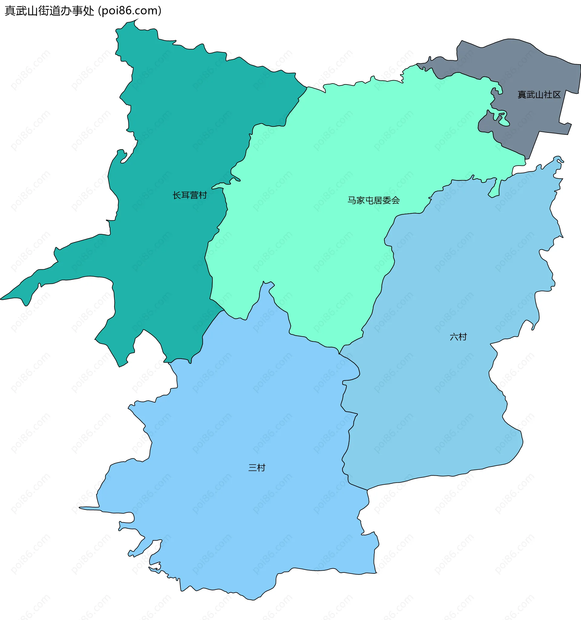 真武山街道办事处边界地图(五级行政区划)