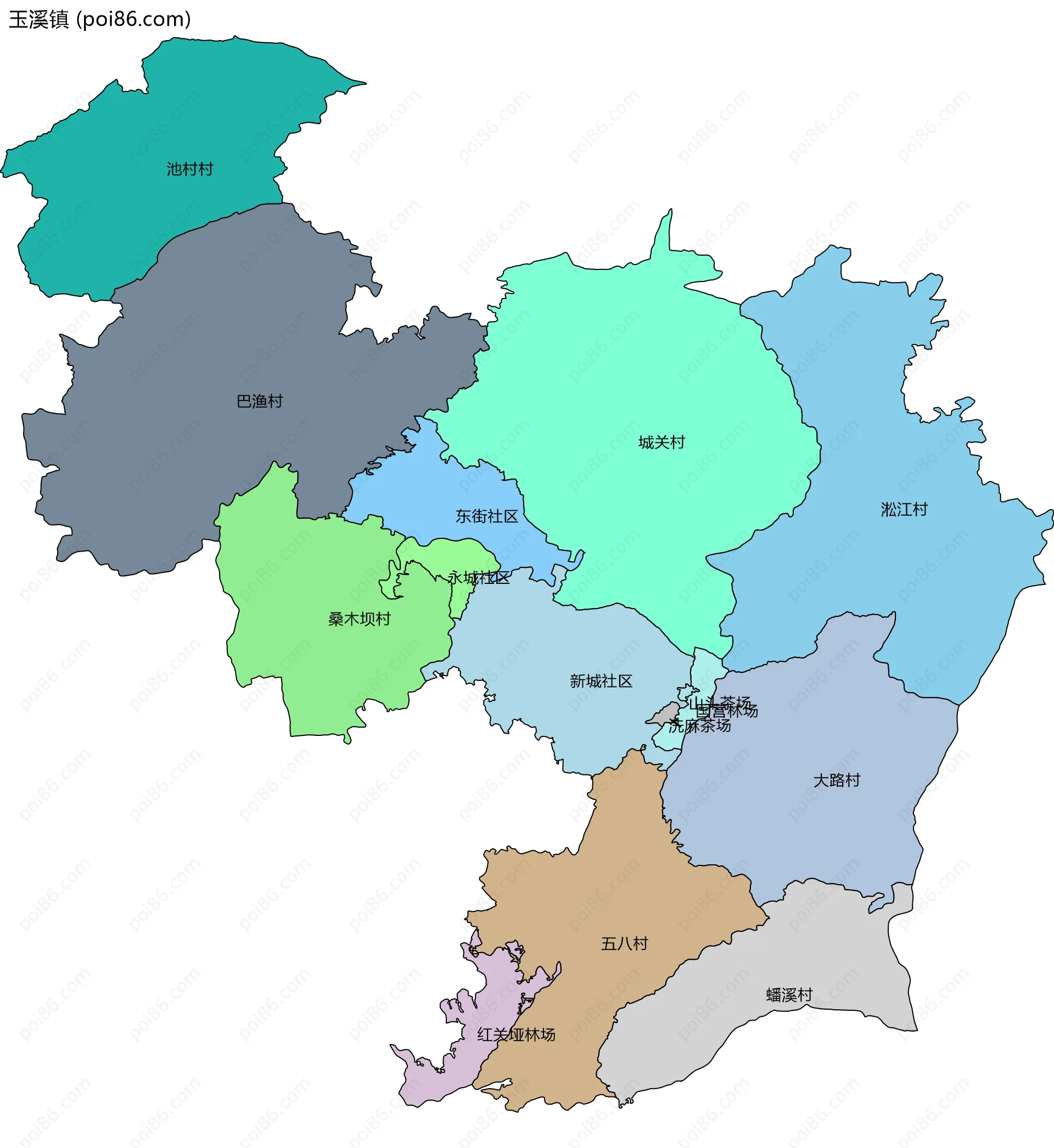 玉溪镇边界地图(五级行政区划)