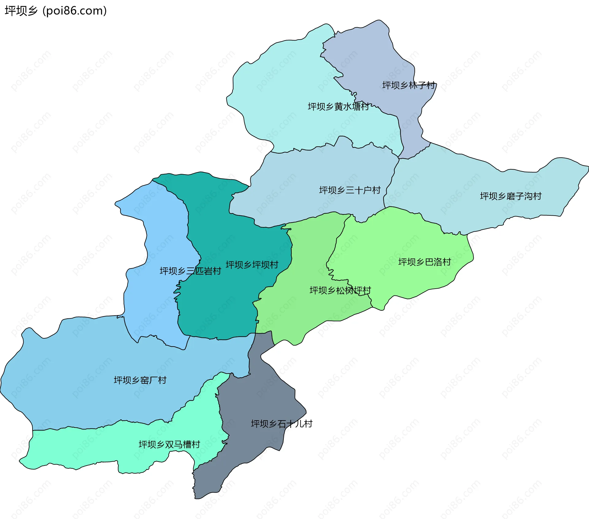 坪坝乡边界地图(五级行政区划)