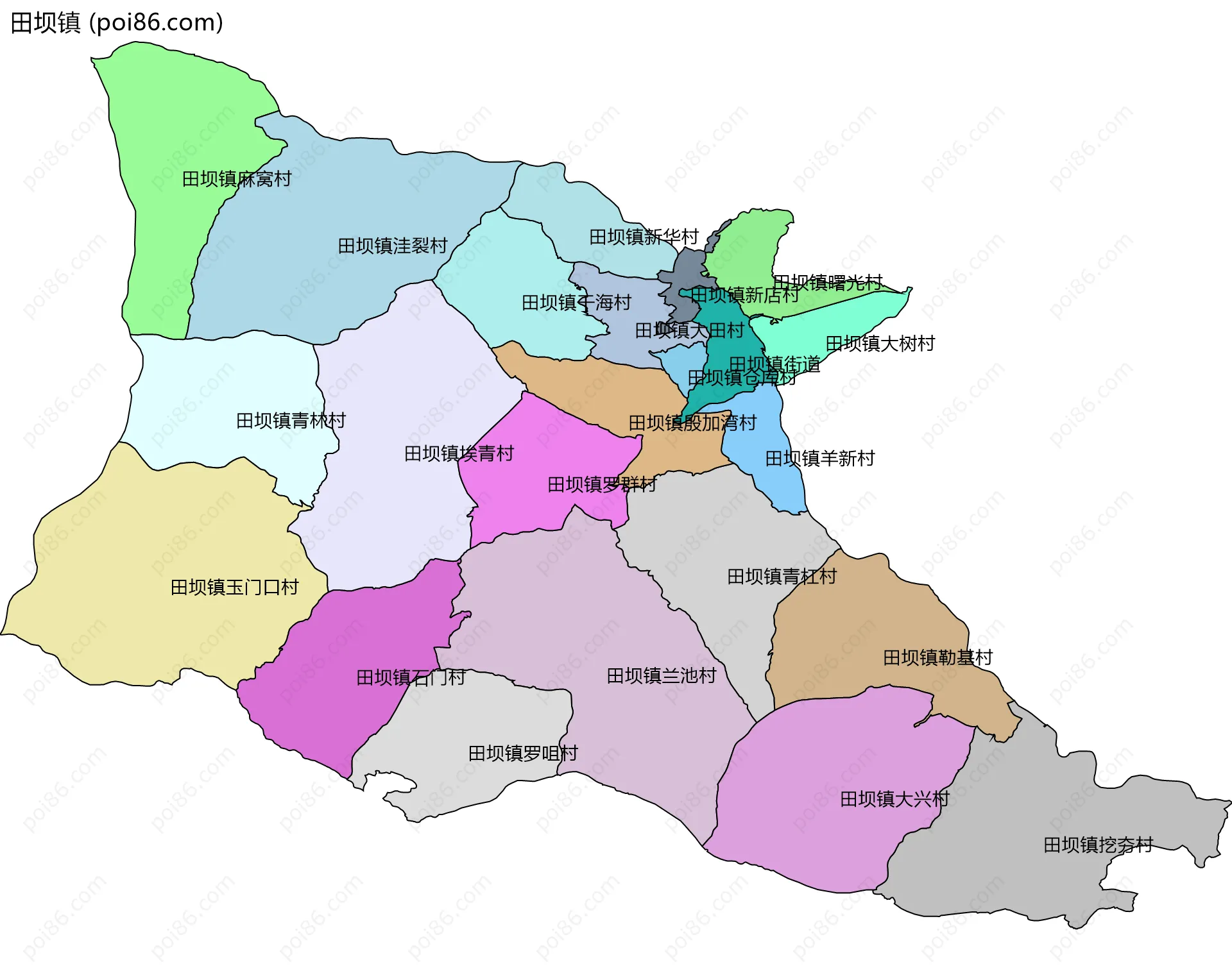 田坝镇边界地图(五级行政区划)