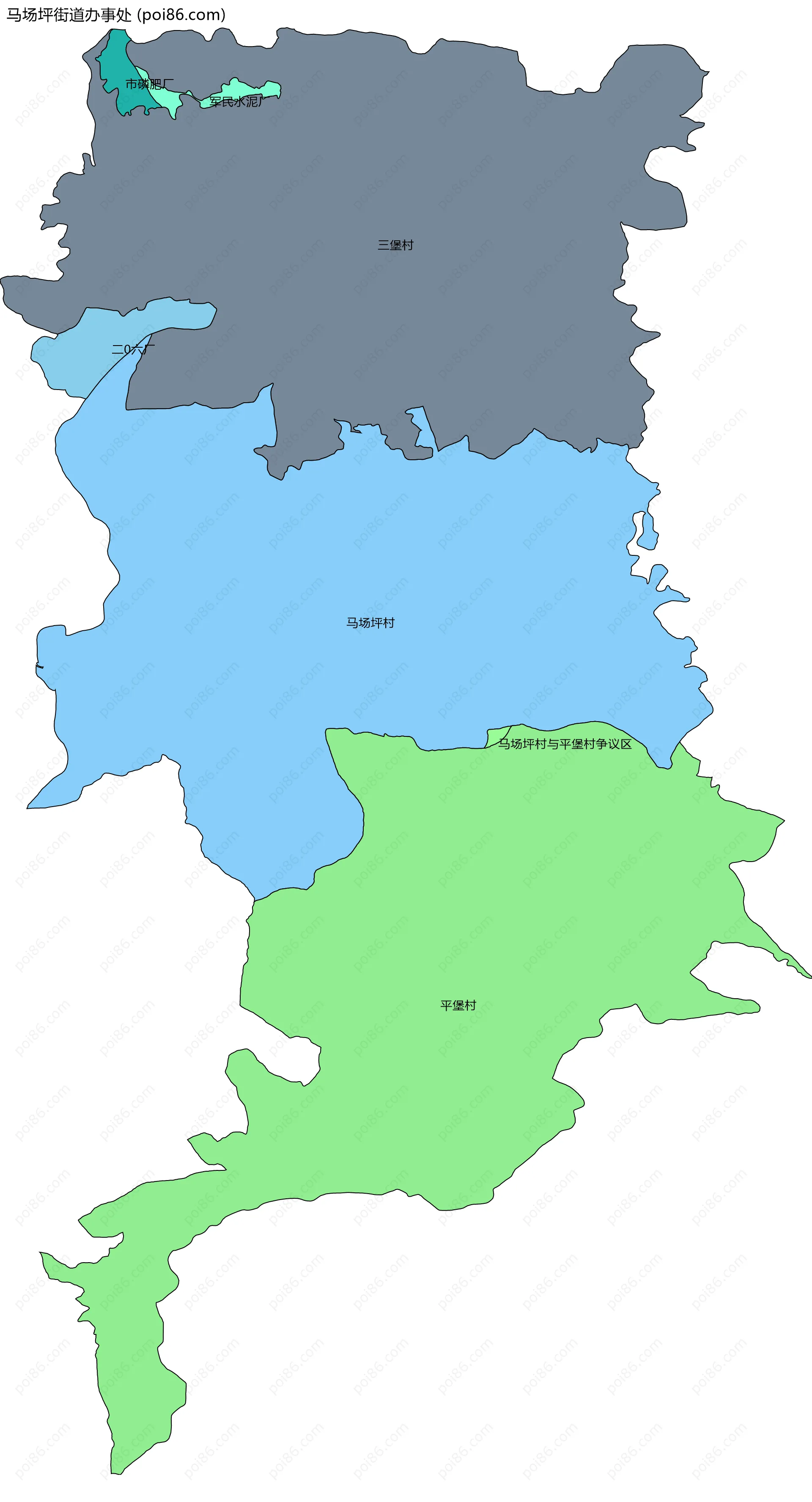 马场坪街道办事处边界地图(五级行政区划)