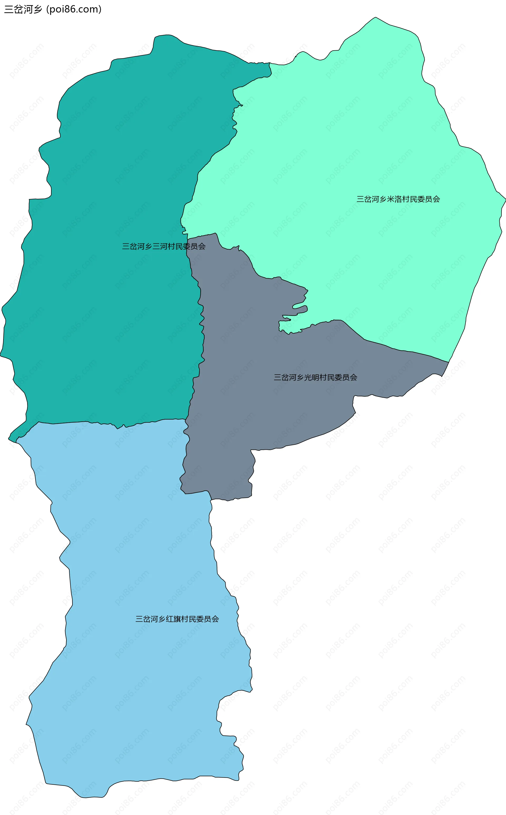 三岔河乡边界地图(五级行政区划)