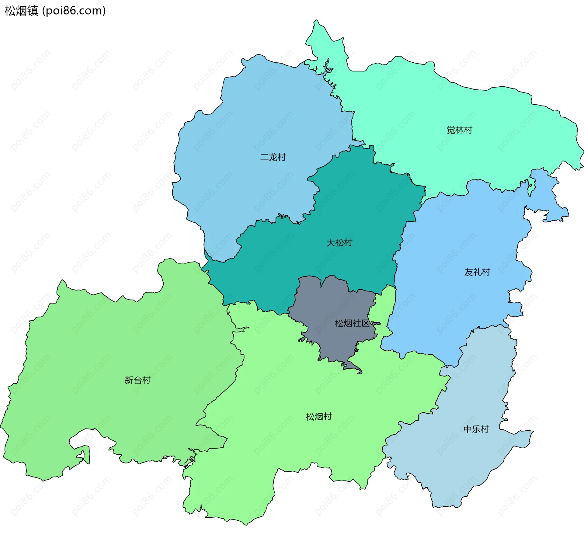 松烟镇边界地图(五级行政区划)
