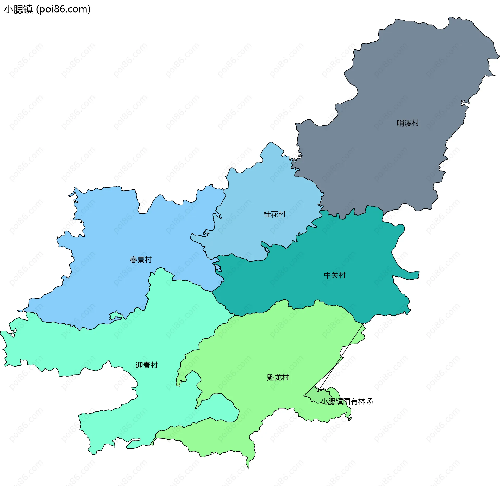 小腮镇边界地图(五级行政区划)