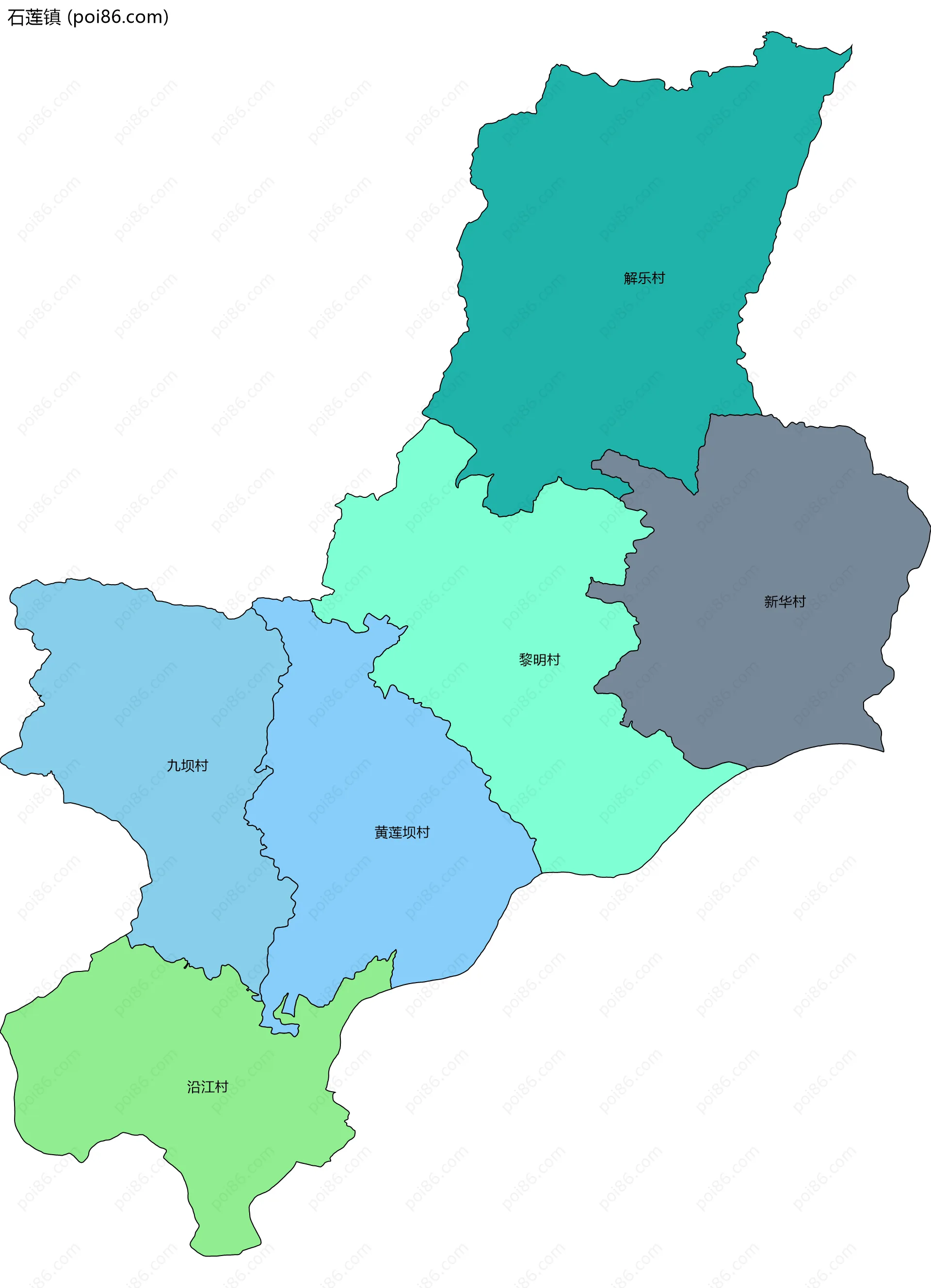 石莲镇边界地图(五级行政区划)