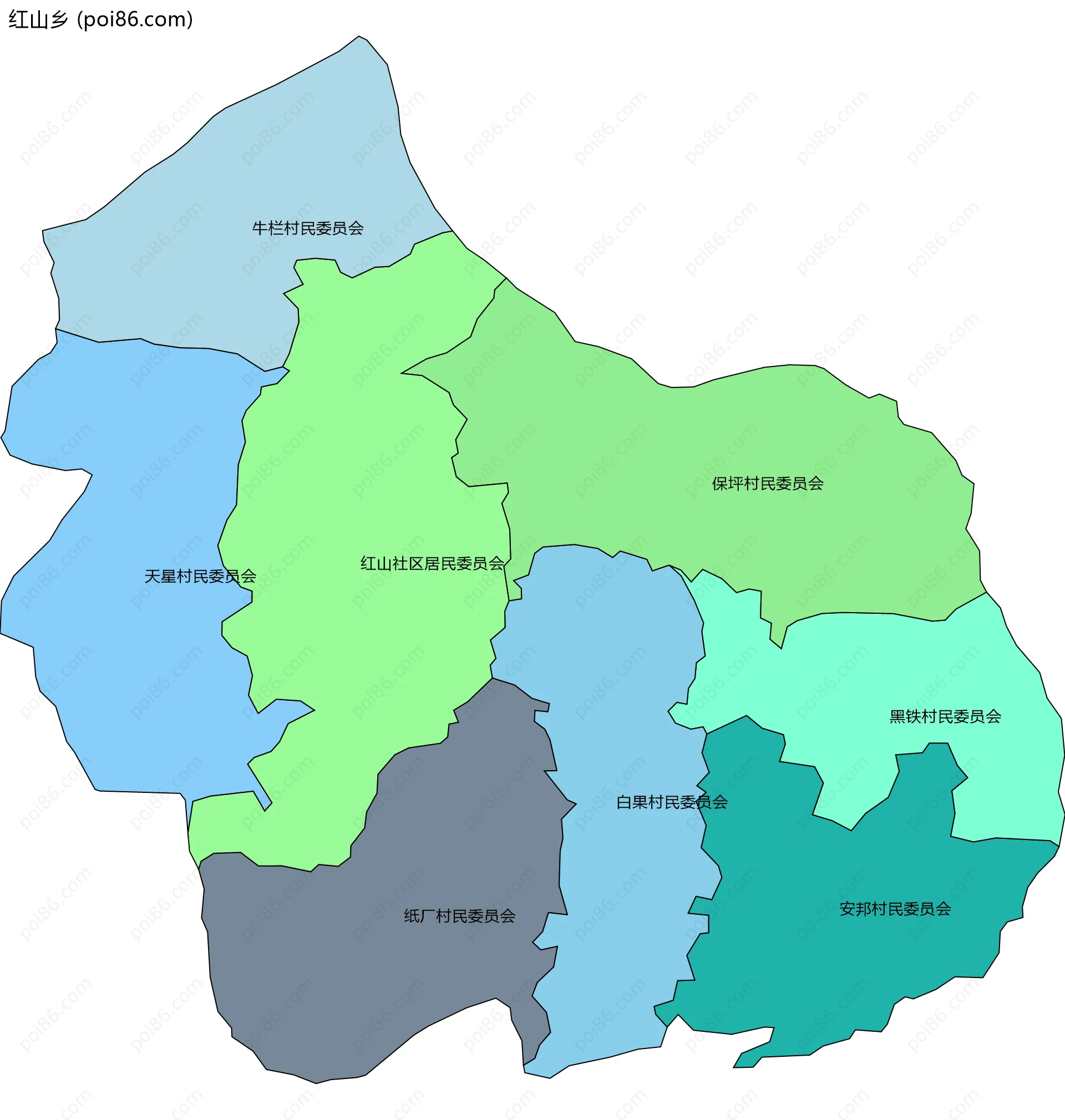 红山乡边界地图(五级行政区划)
