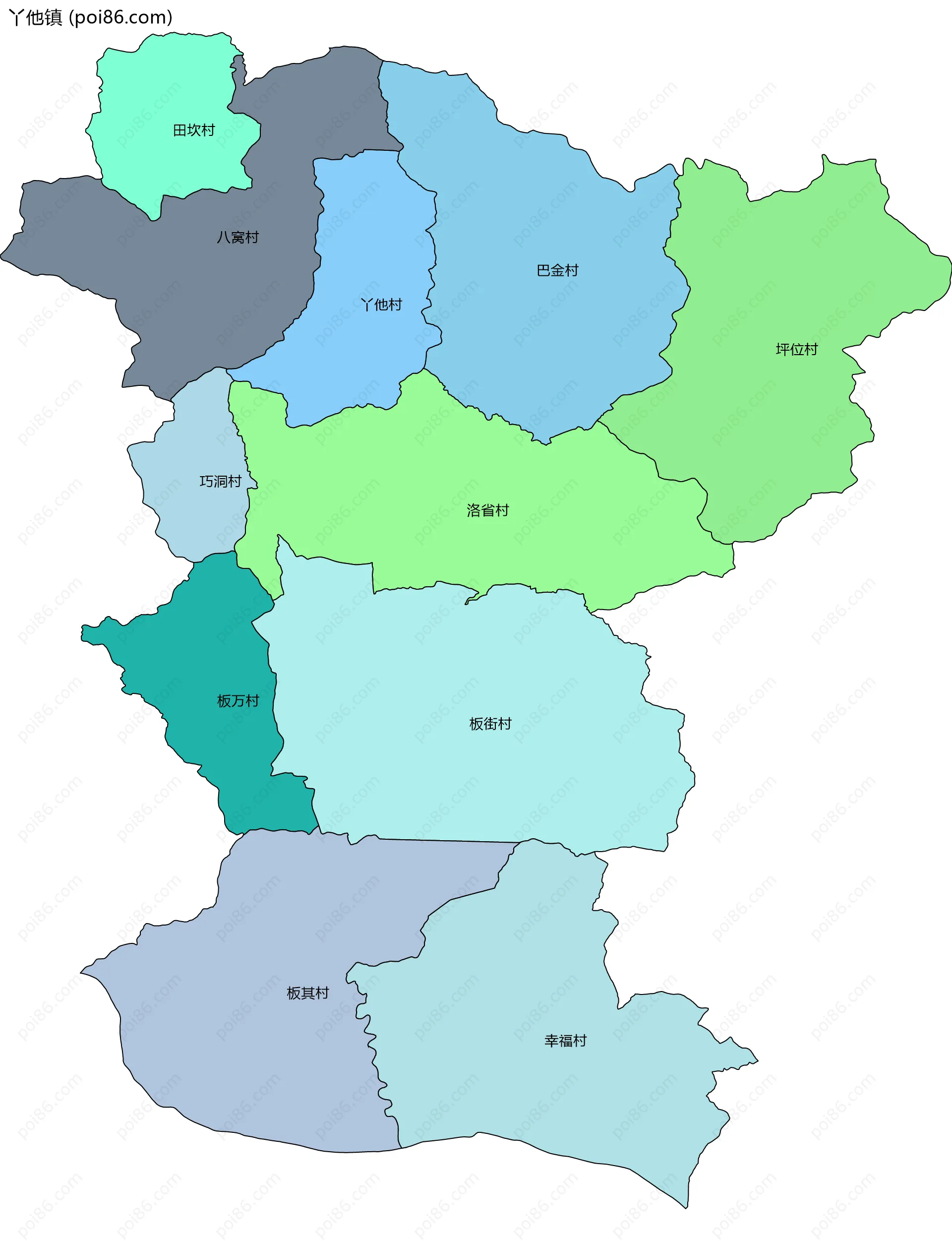 丫他镇边界地图(五级行政区划)