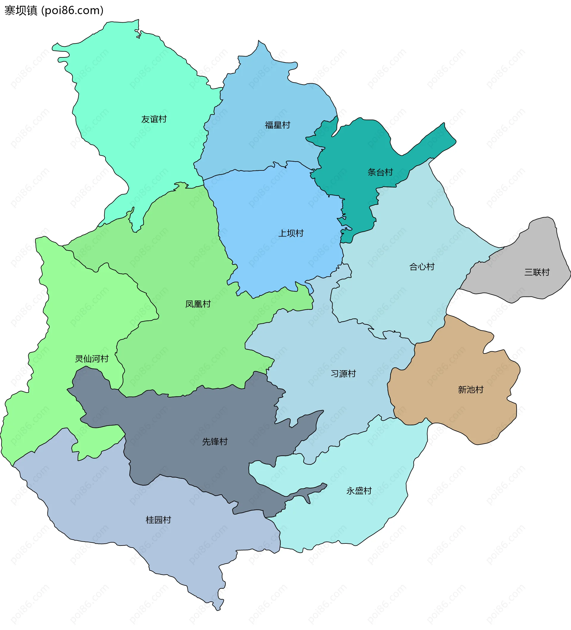 寨坝镇边界地图(五级行政区划)