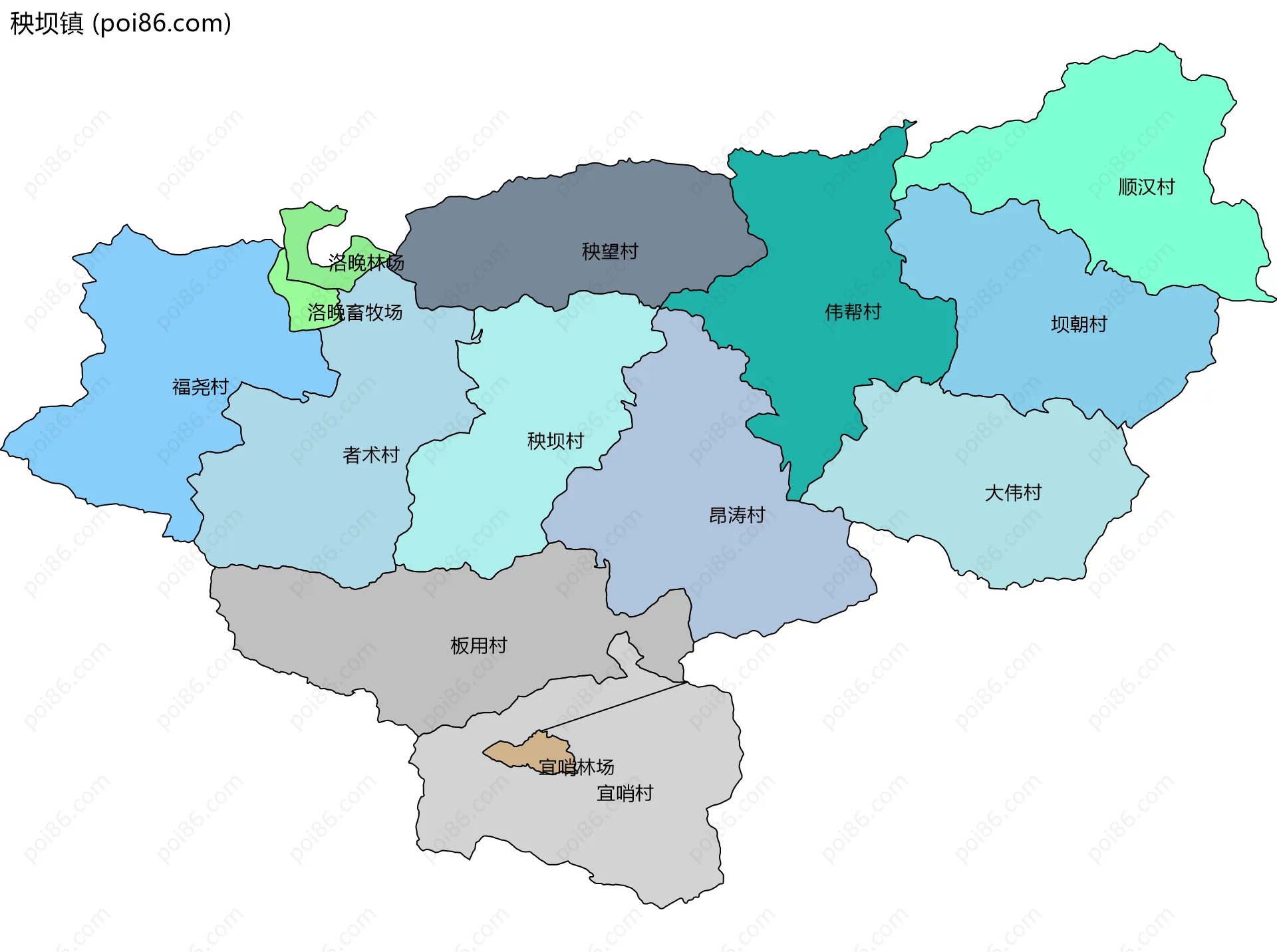 秧坝镇边界地图(五级行政区划)