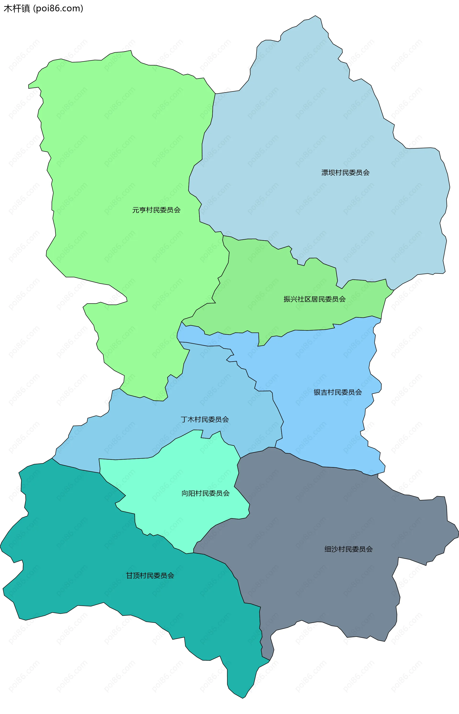 木杆镇边界地图(五级行政区划)