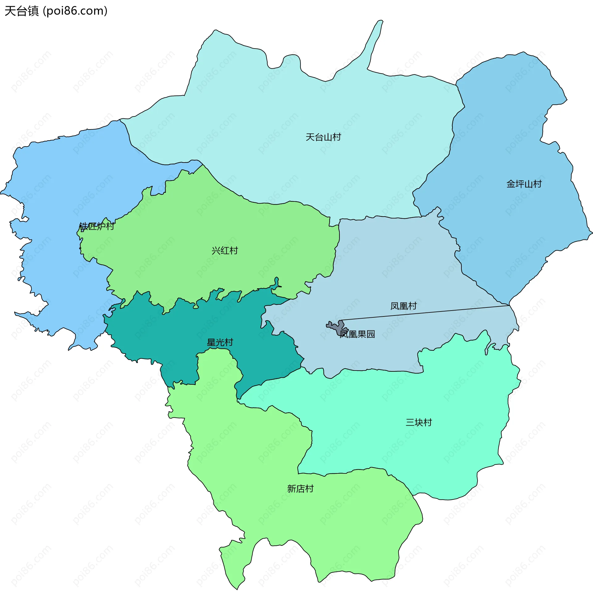 天台镇边界地图(五级行政区划)