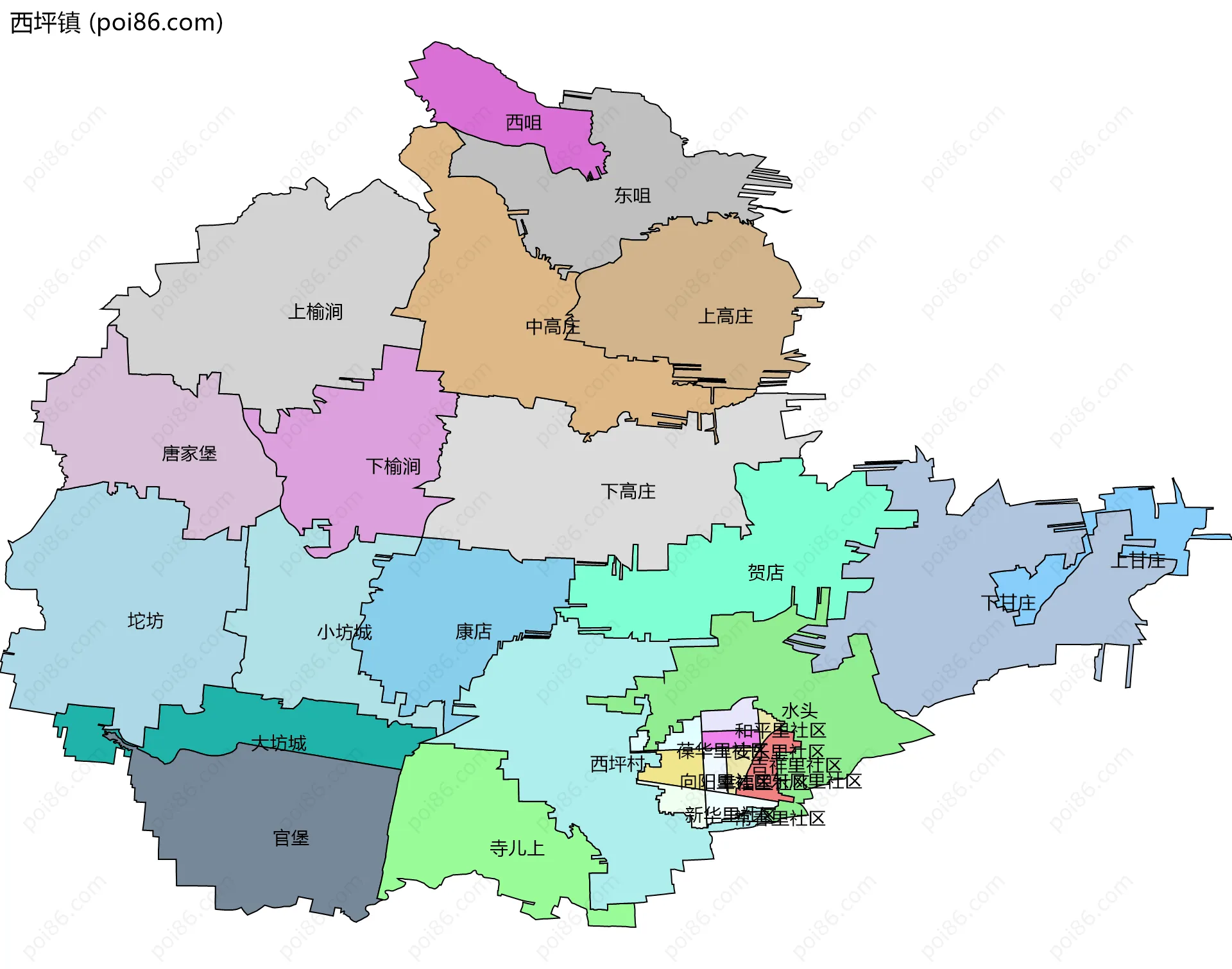 西坪镇边界地图(五级行政区划)