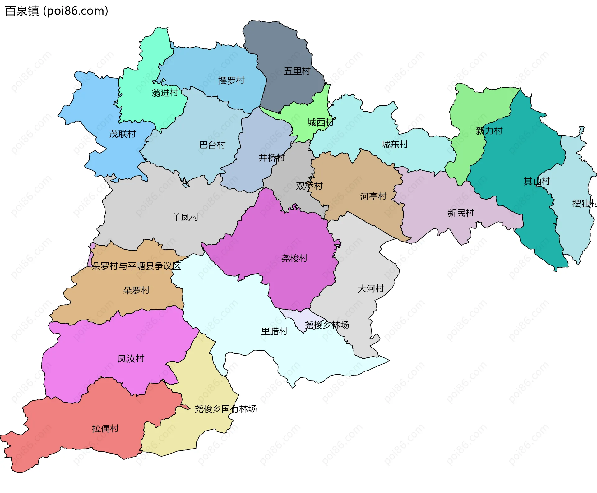 百泉镇边界地图(五级行政区划)