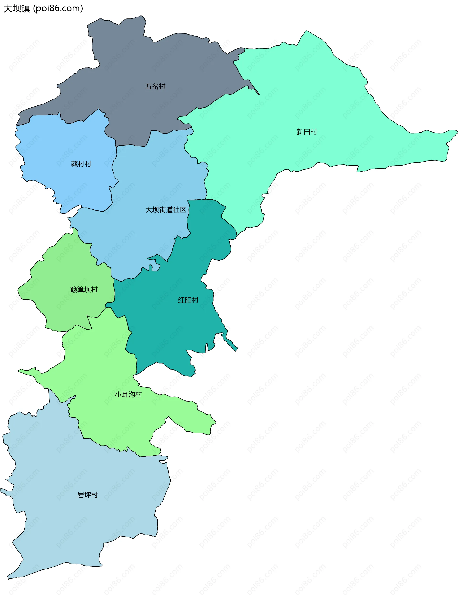 大坝镇边界地图(五级行政区划)