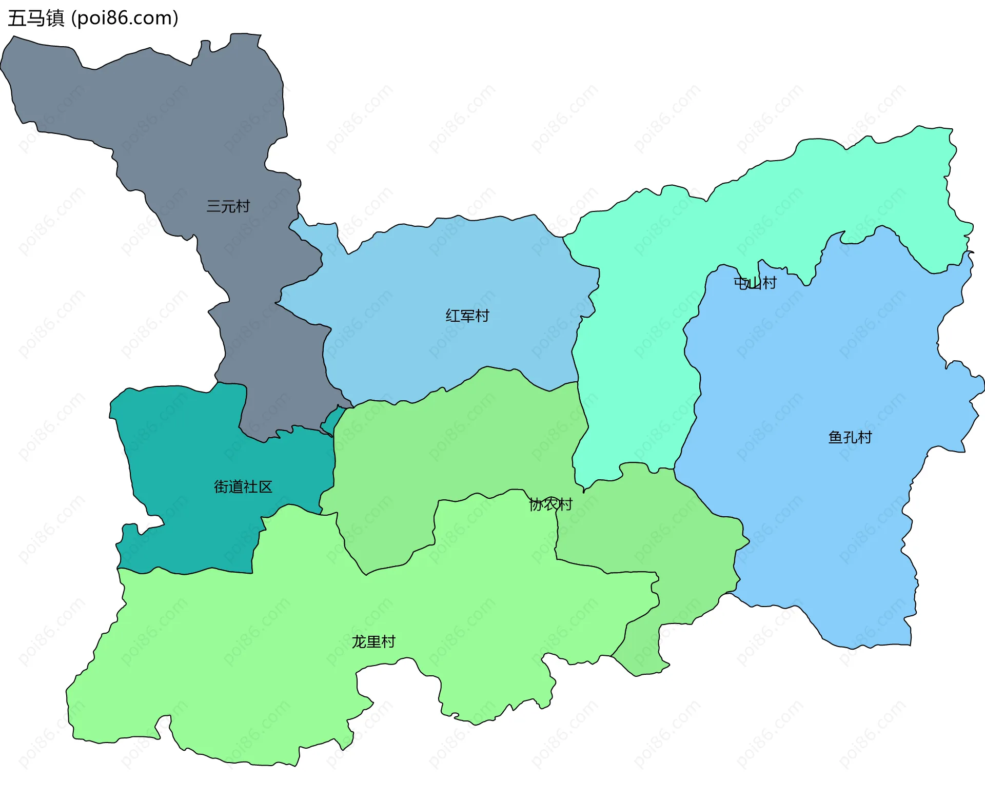 五马镇边界地图(五级行政区划)