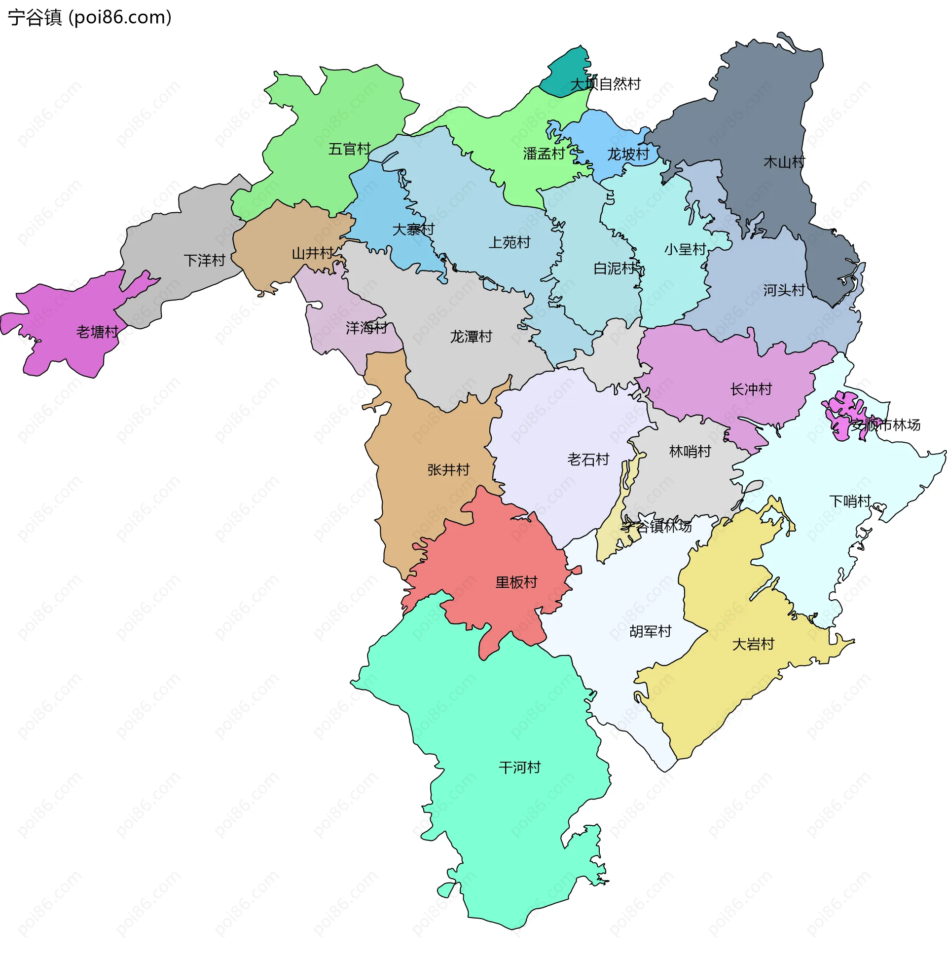 宁谷镇边界地图(五级行政区划)