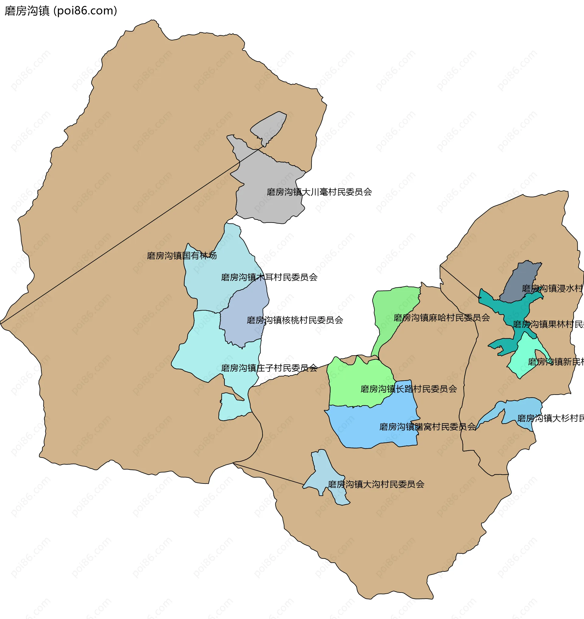 磨房沟镇边界地图(五级行政区划)