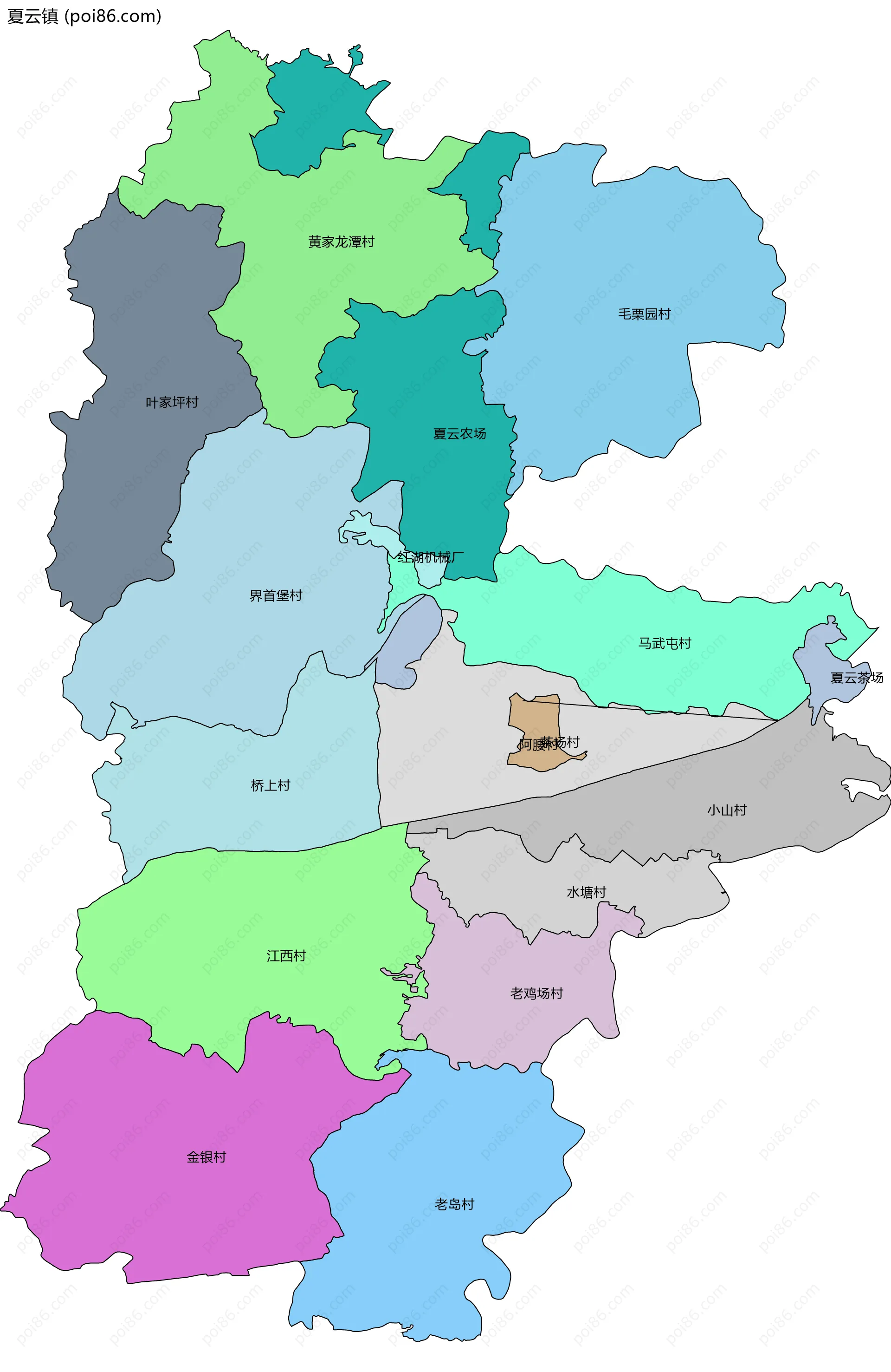 夏云镇边界地图(五级行政区划)