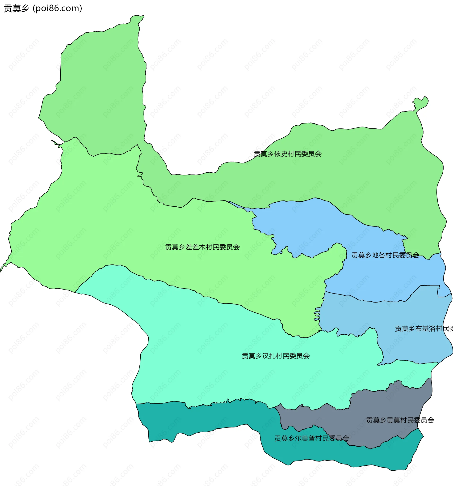 贡莫乡边界地图(五级行政区划)