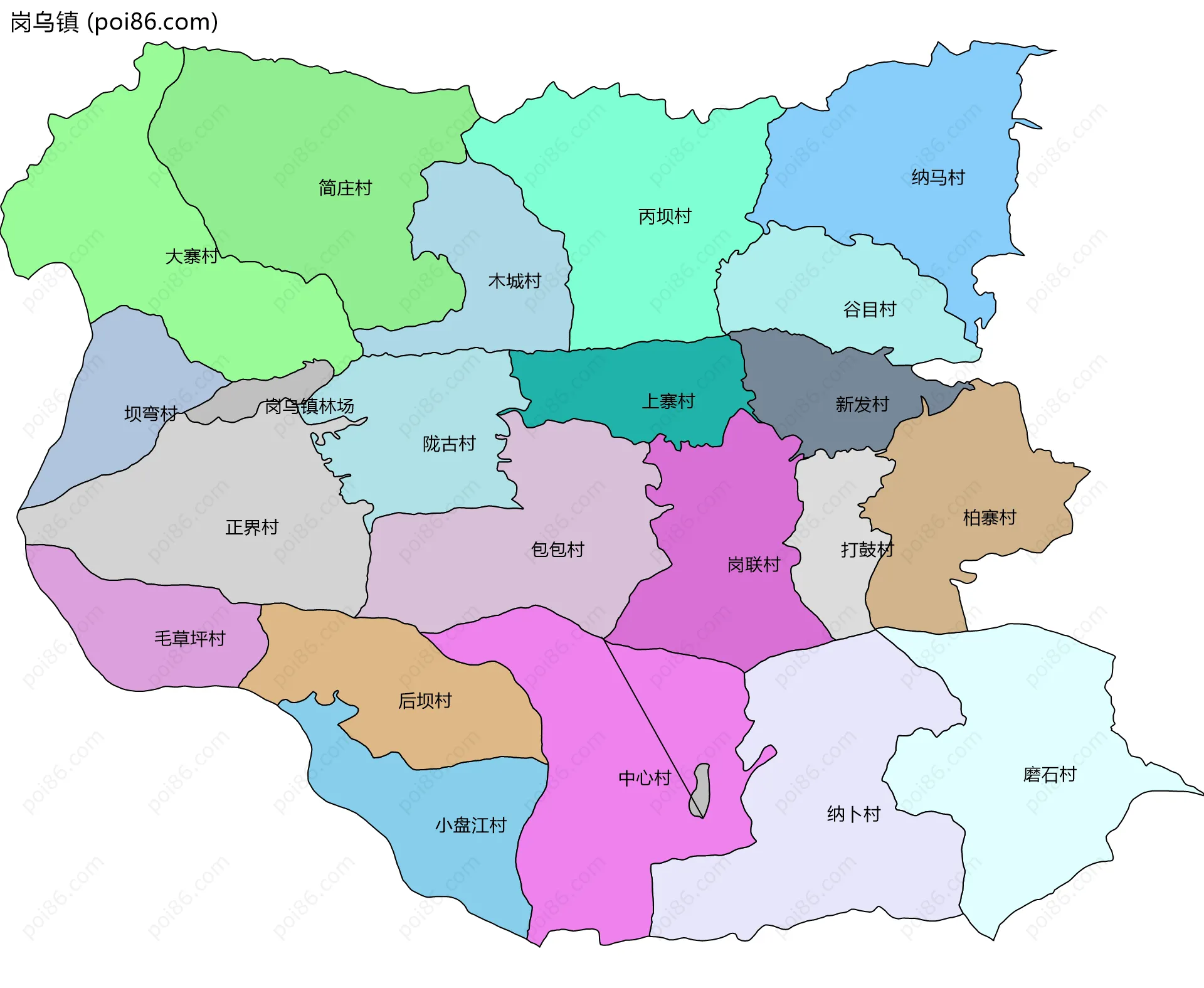 岗乌镇边界地图(五级行政区划)