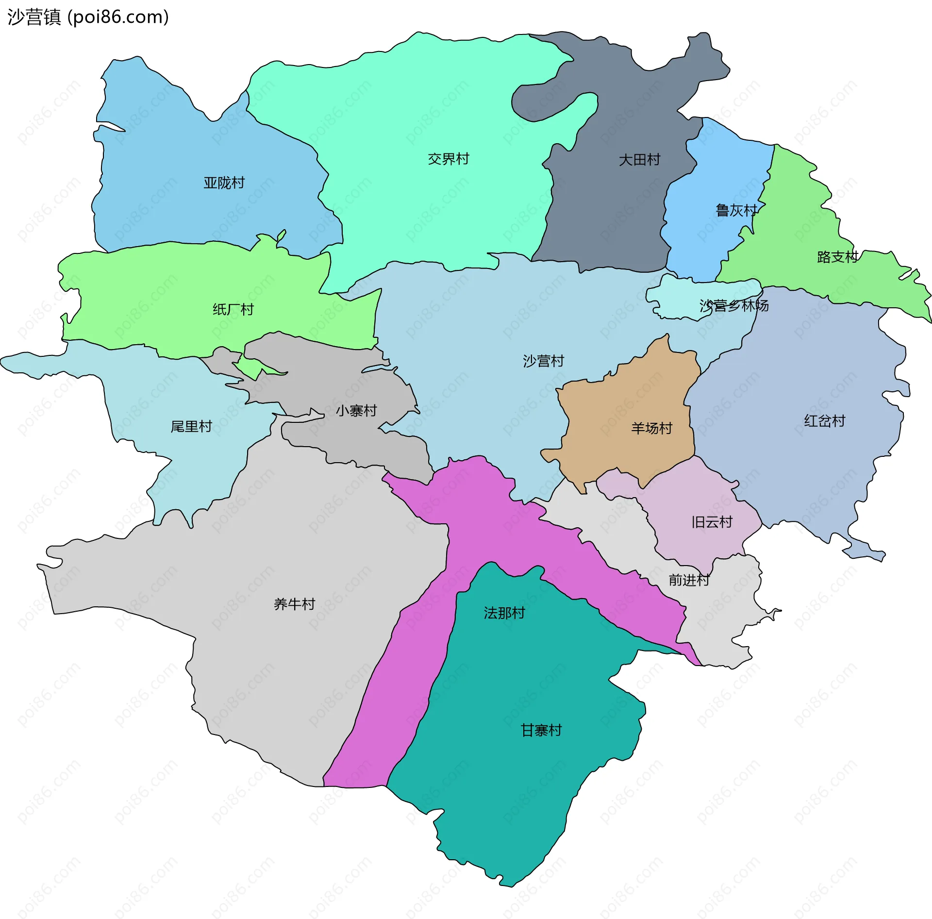 沙营镇边界地图(五级行政区划)