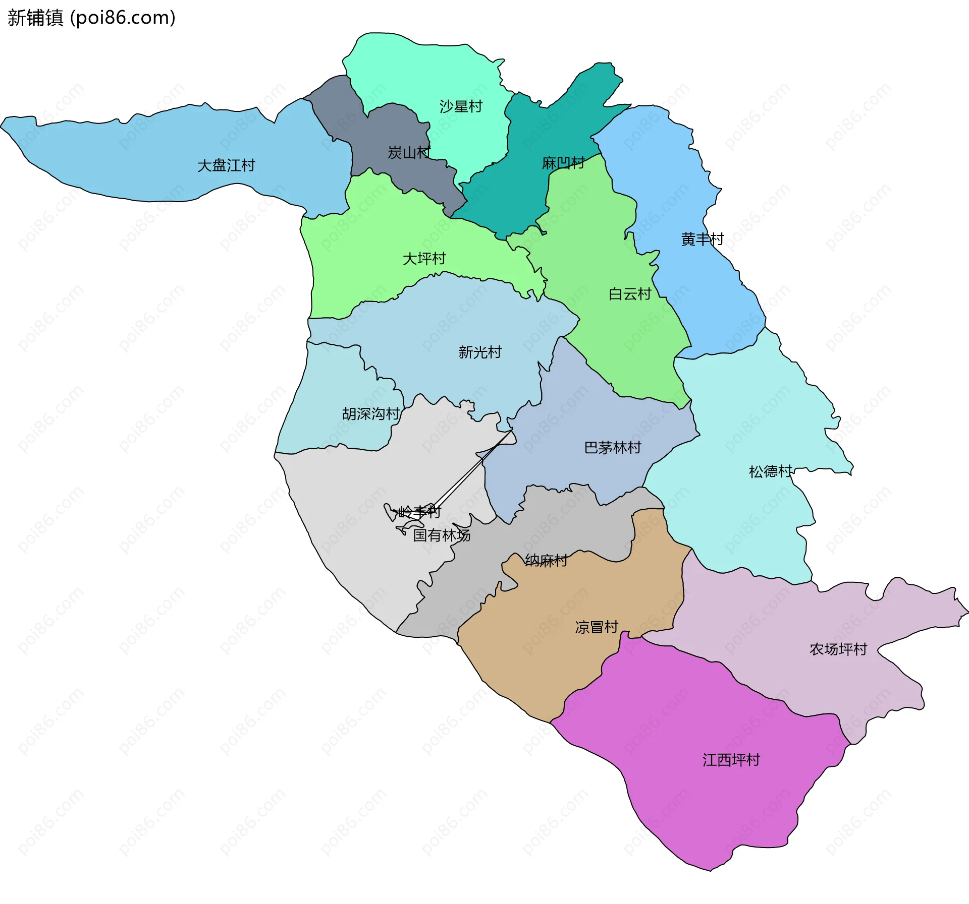新铺镇边界地图(五级行政区划)