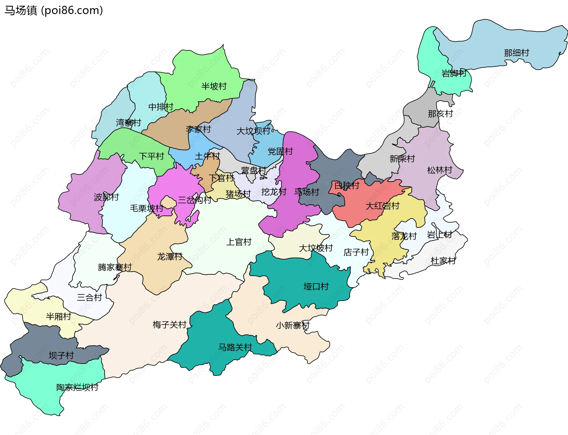 马场镇边界地图(五级行政区划)