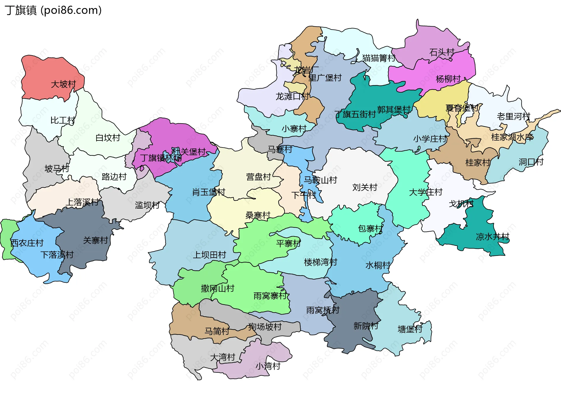 丁旗镇边界地图(五级行政区划)