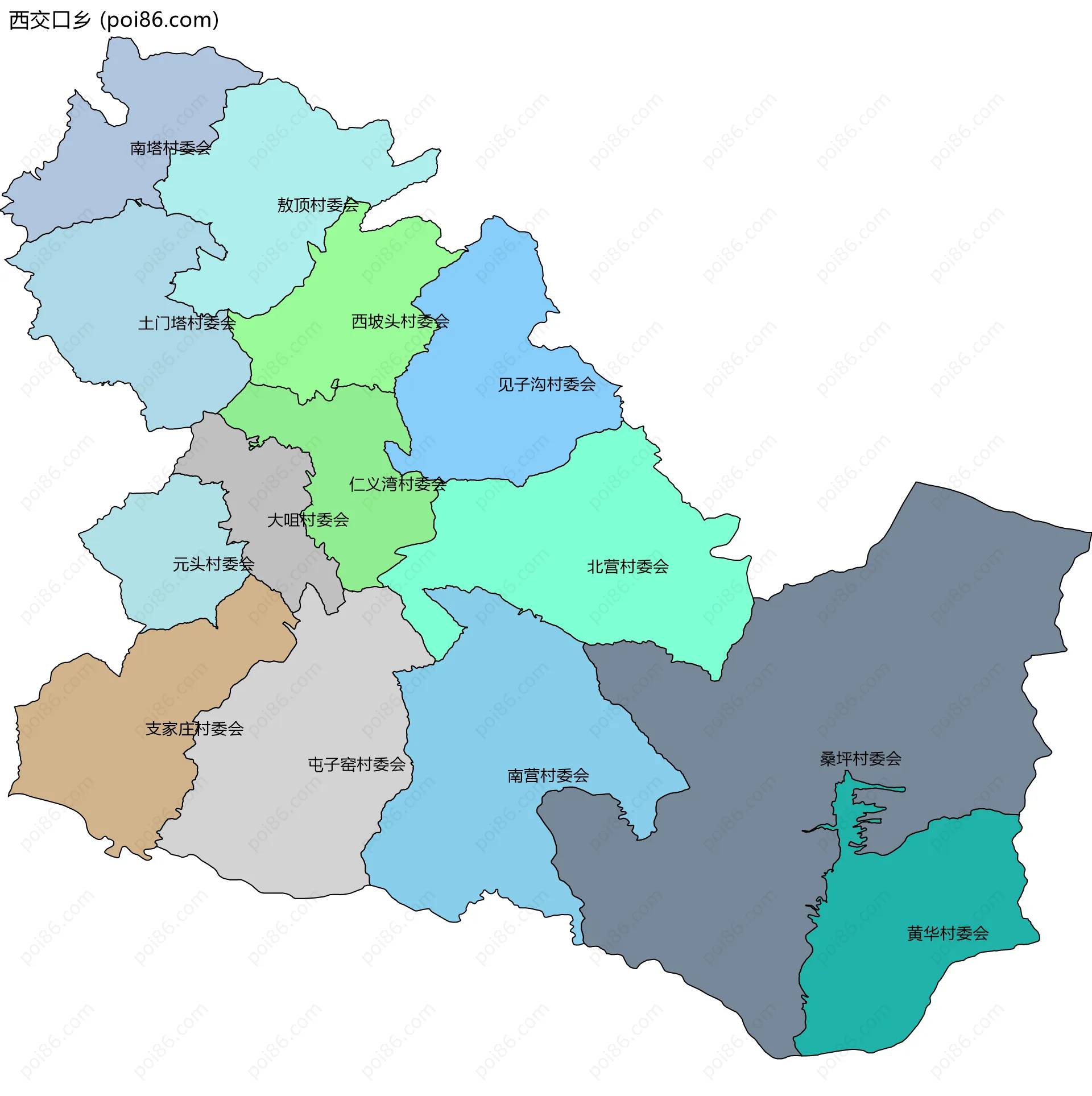 西交口乡边界地图(五级行政区划)