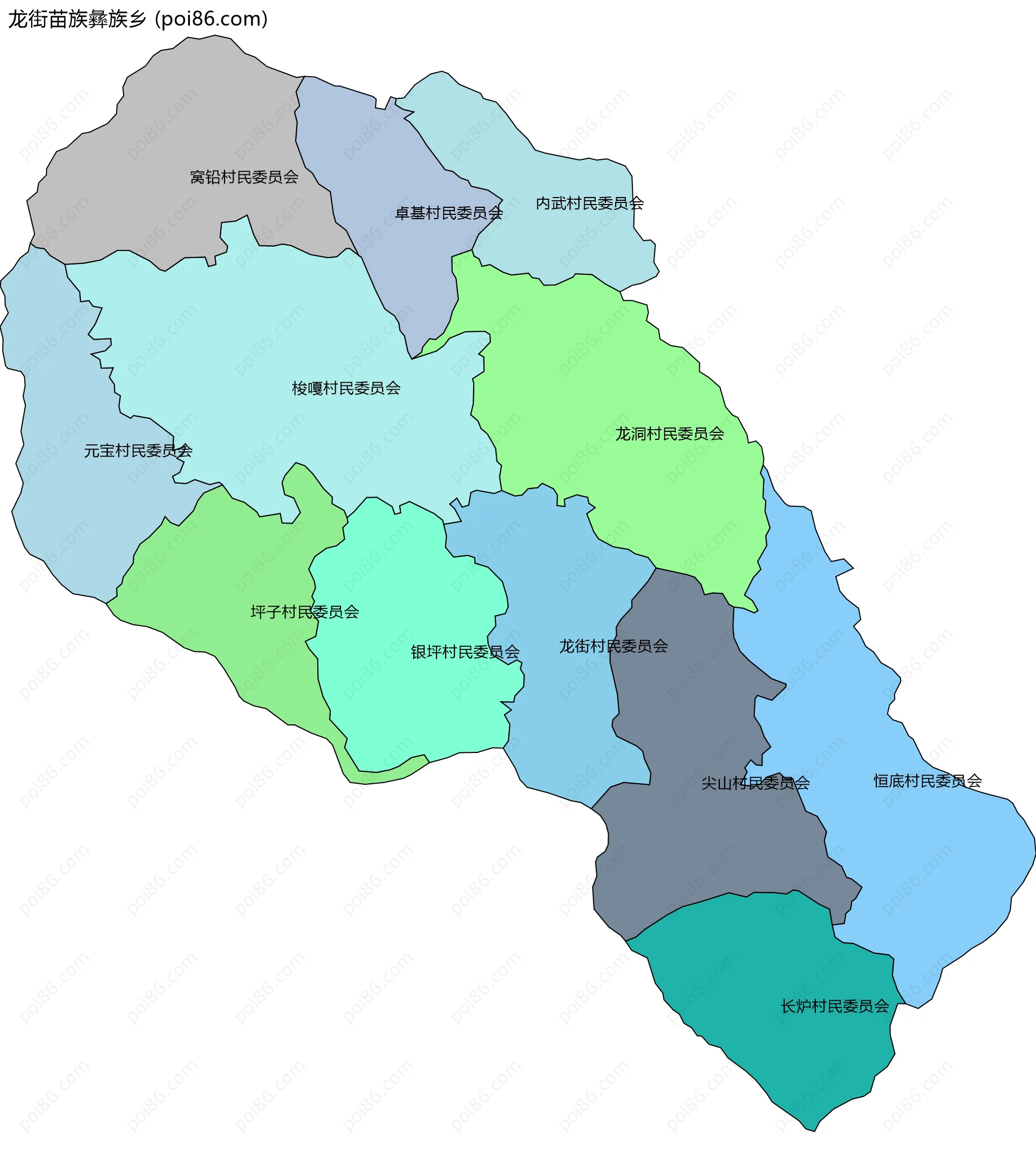 龙街苗族彝族乡边界地图(五级行政区划)