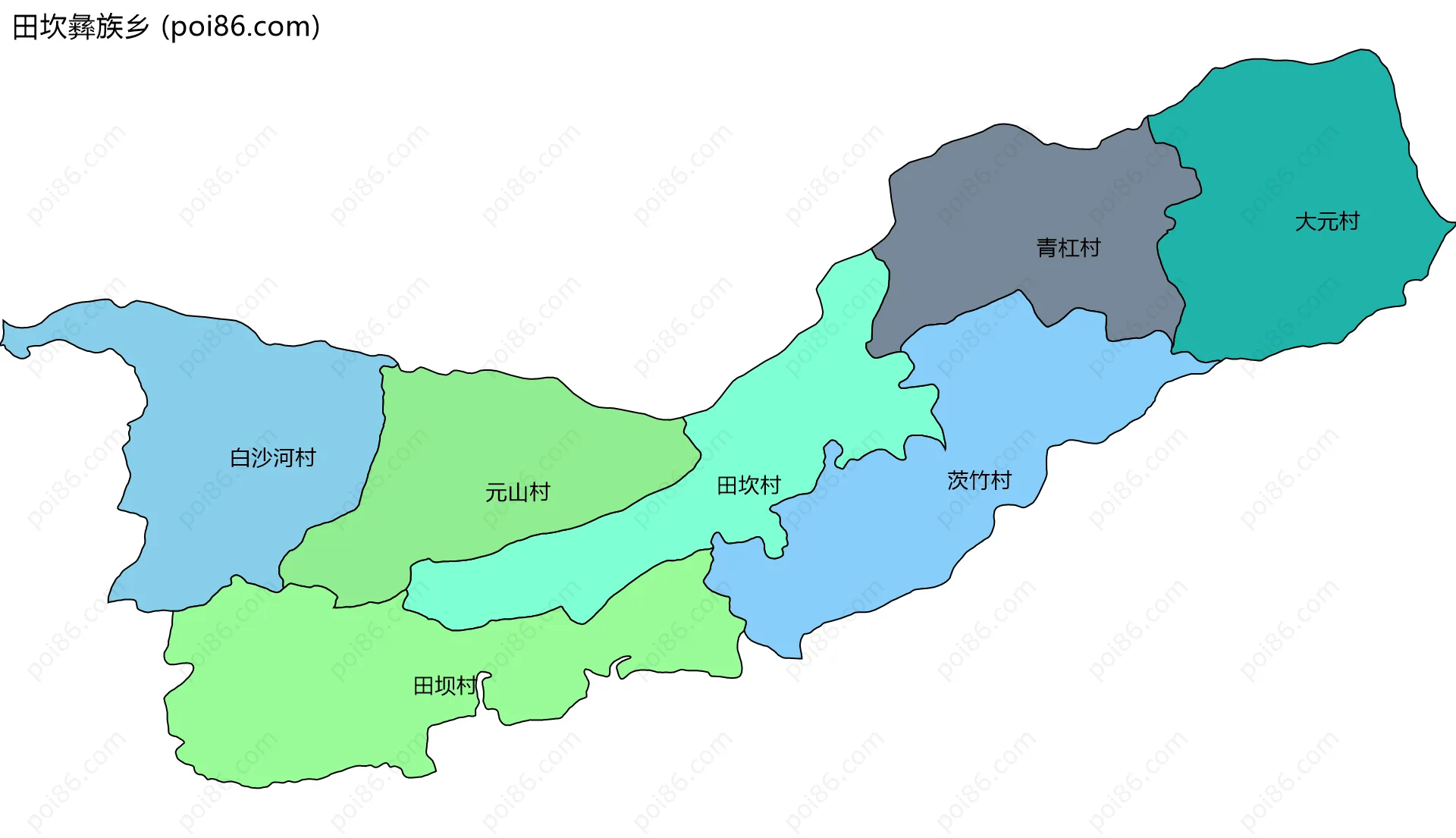 田坎彝族乡边界地图(五级行政区划)