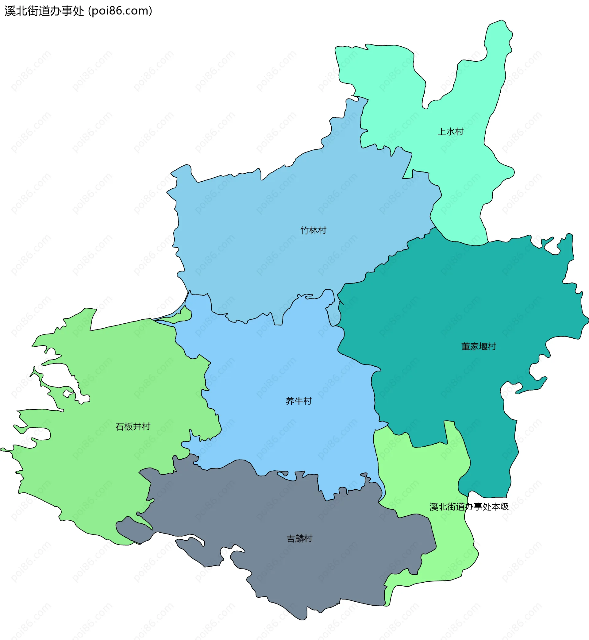 溪北街道办事处边界地图(五级行政区划)