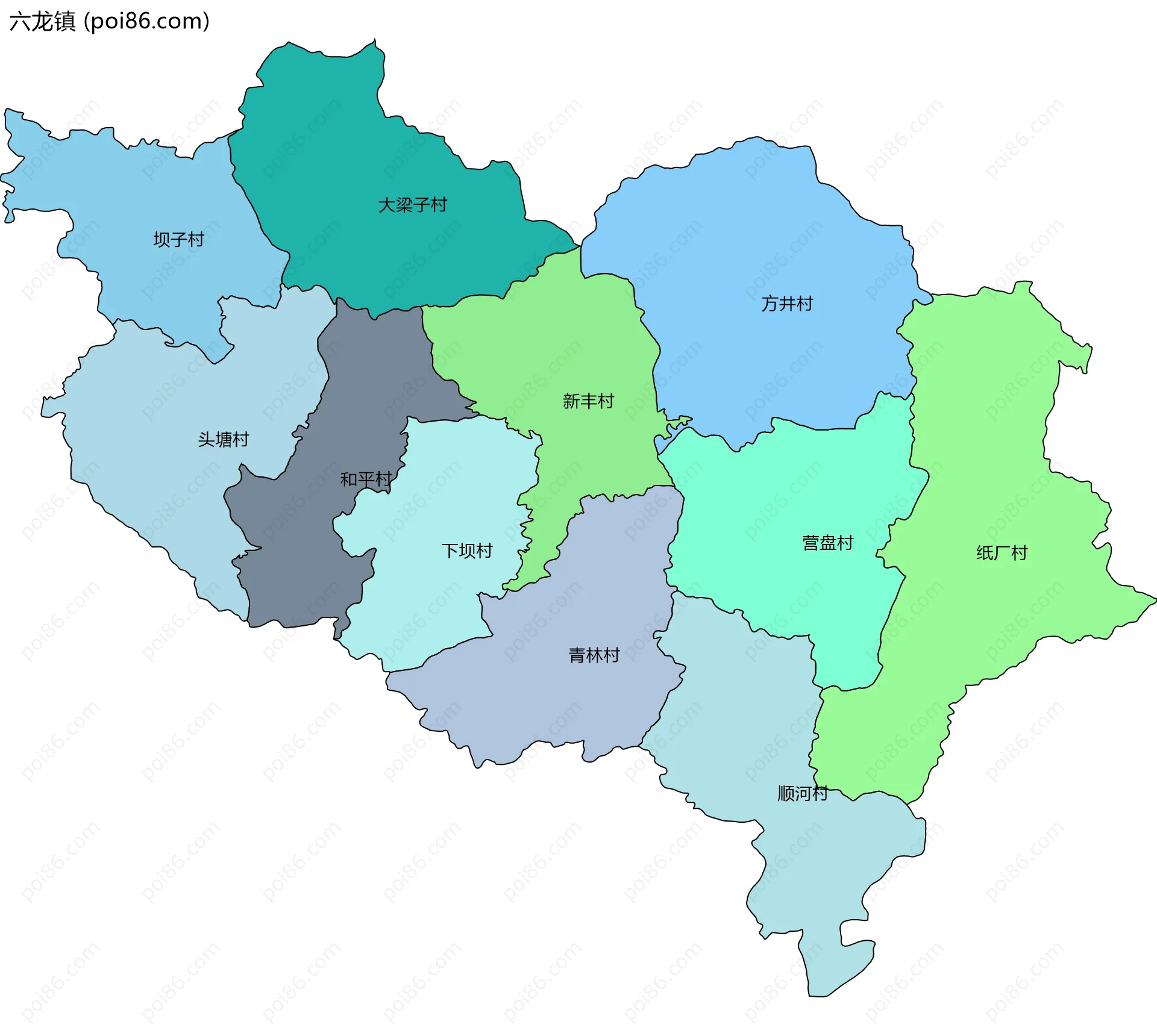 六龙镇边界地图(五级行政区划)