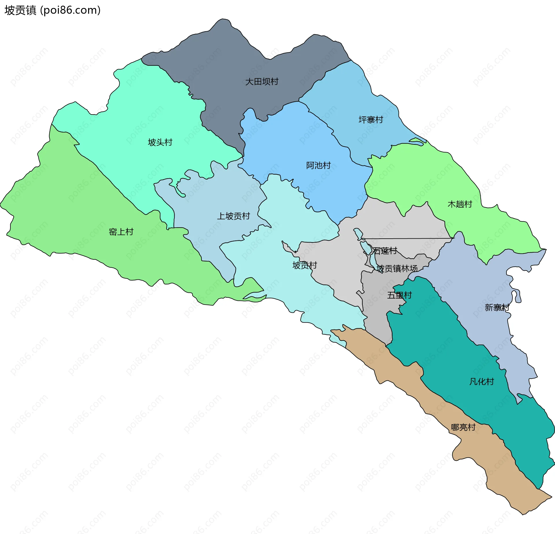 坡贡镇边界地图(五级行政区划)