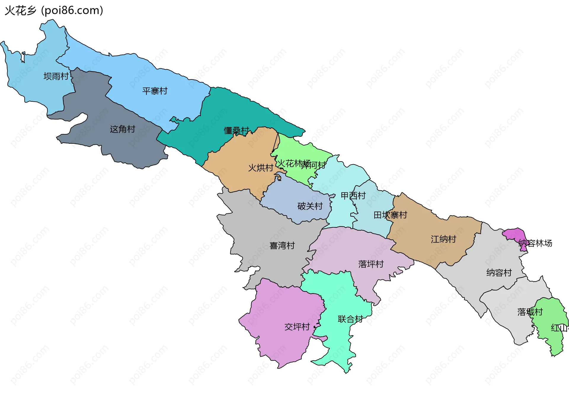 火花乡边界地图(五级行政区划)