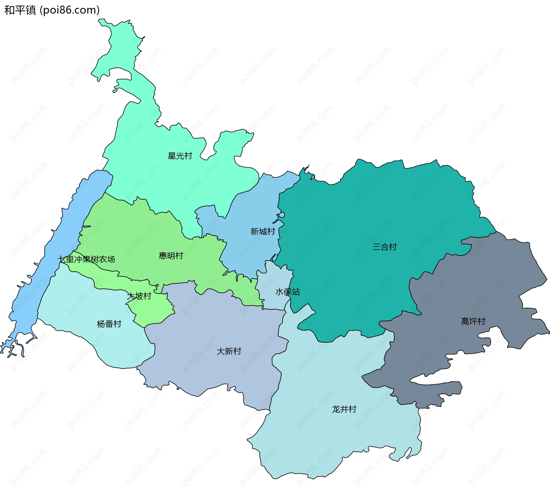 和平镇边界地图(五级行政区划)