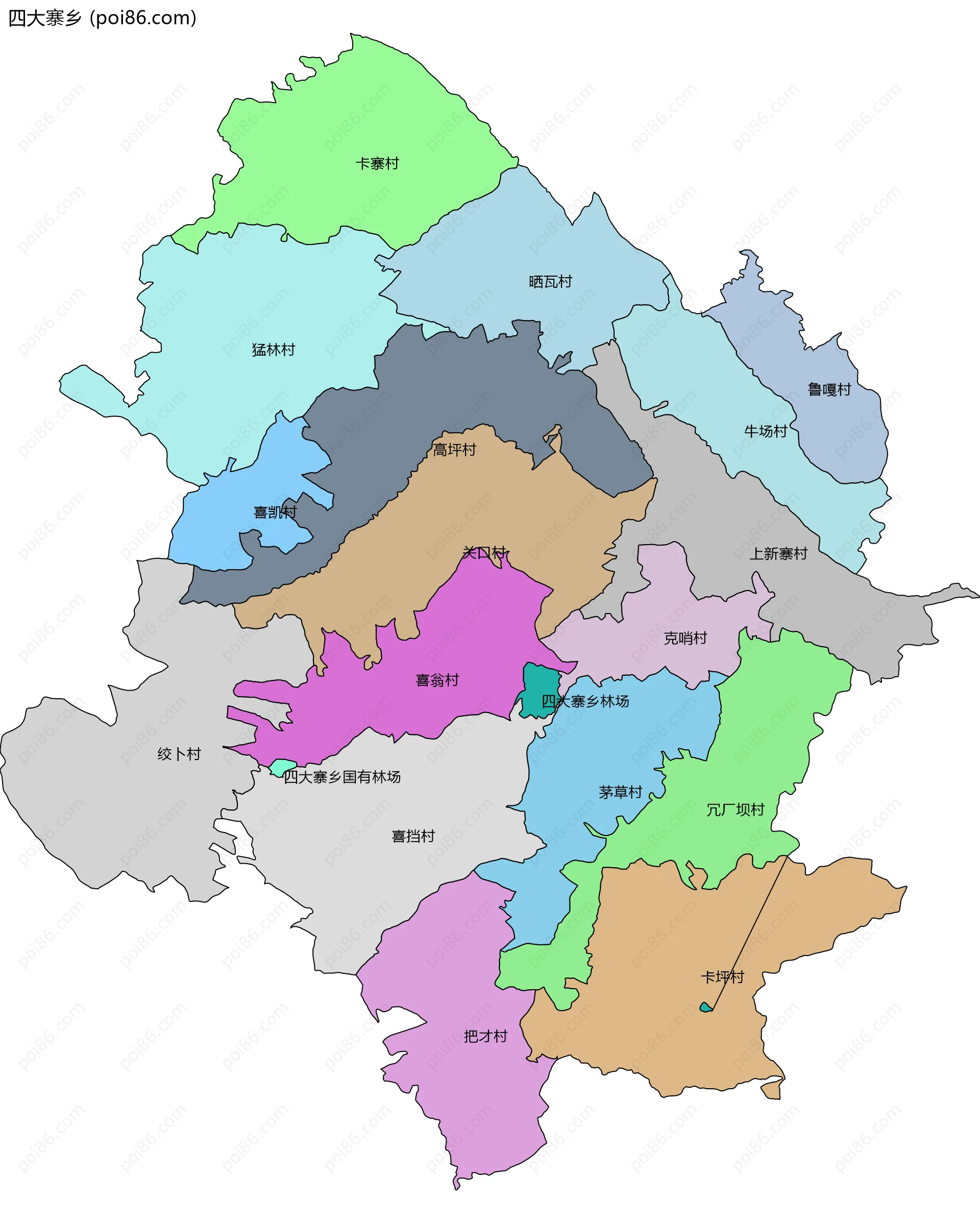 四大寨乡边界地图(五级行政区划)