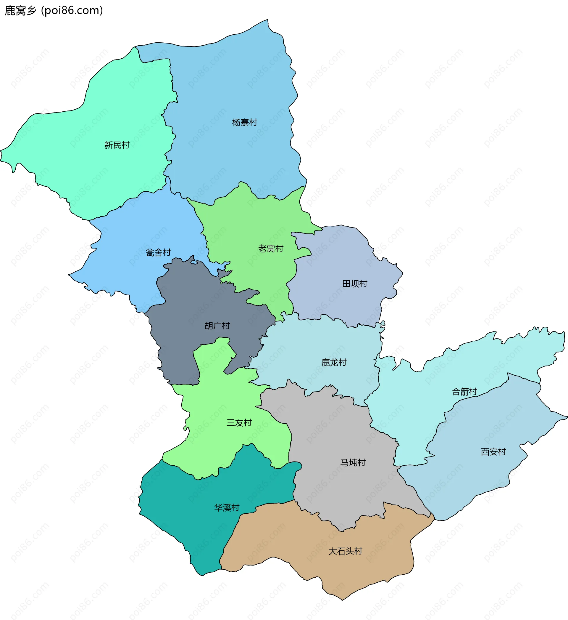 鹿窝乡边界地图(五级行政区划)