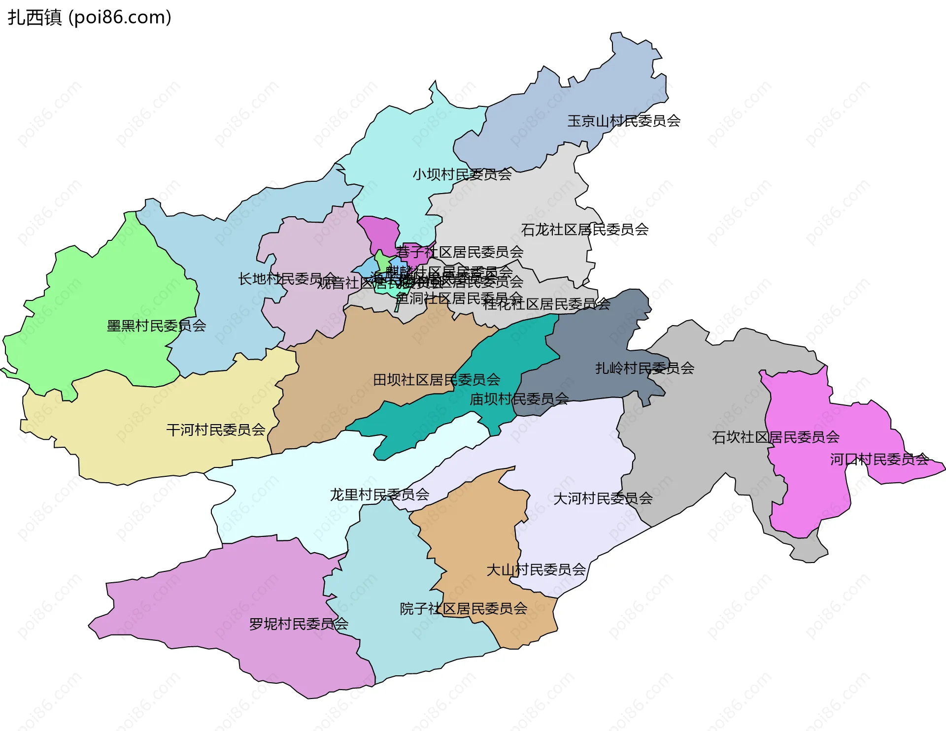 扎西镇边界地图(五级行政区划)