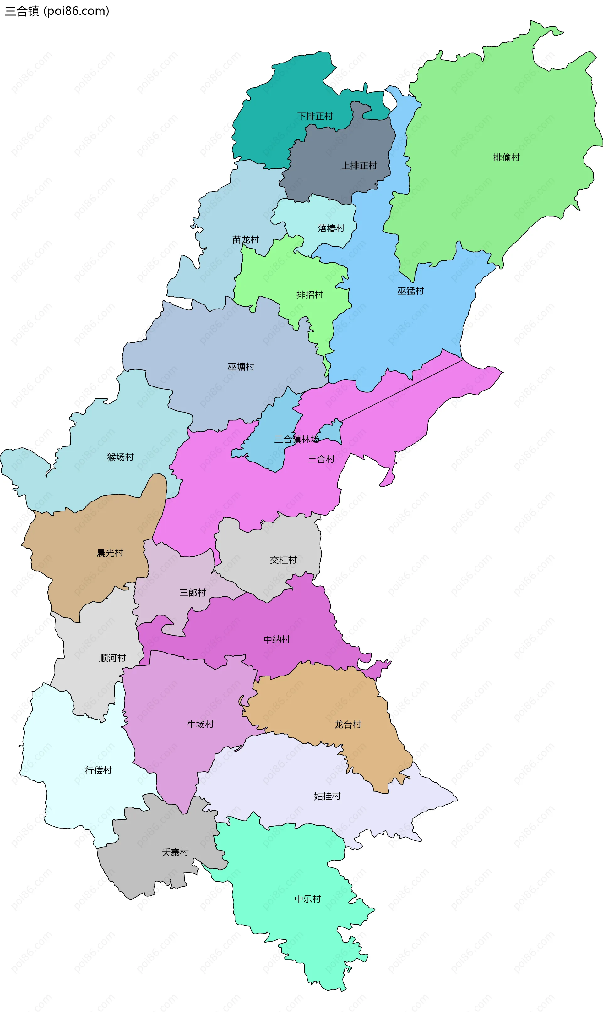 三合镇边界地图(五级行政区划)