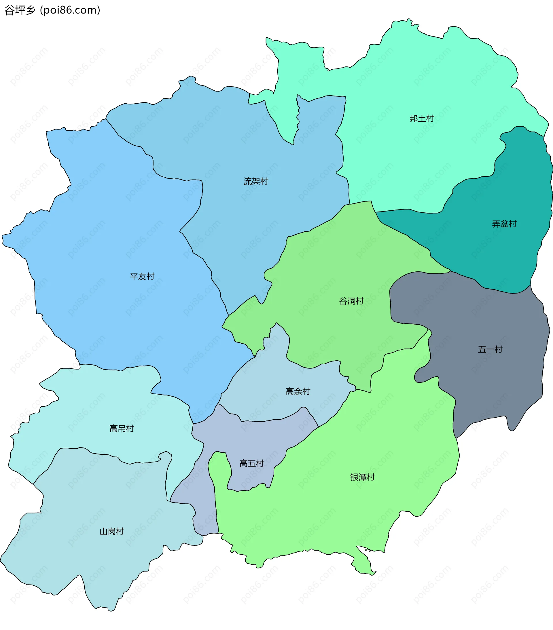 谷坪乡边界地图(五级行政区划)