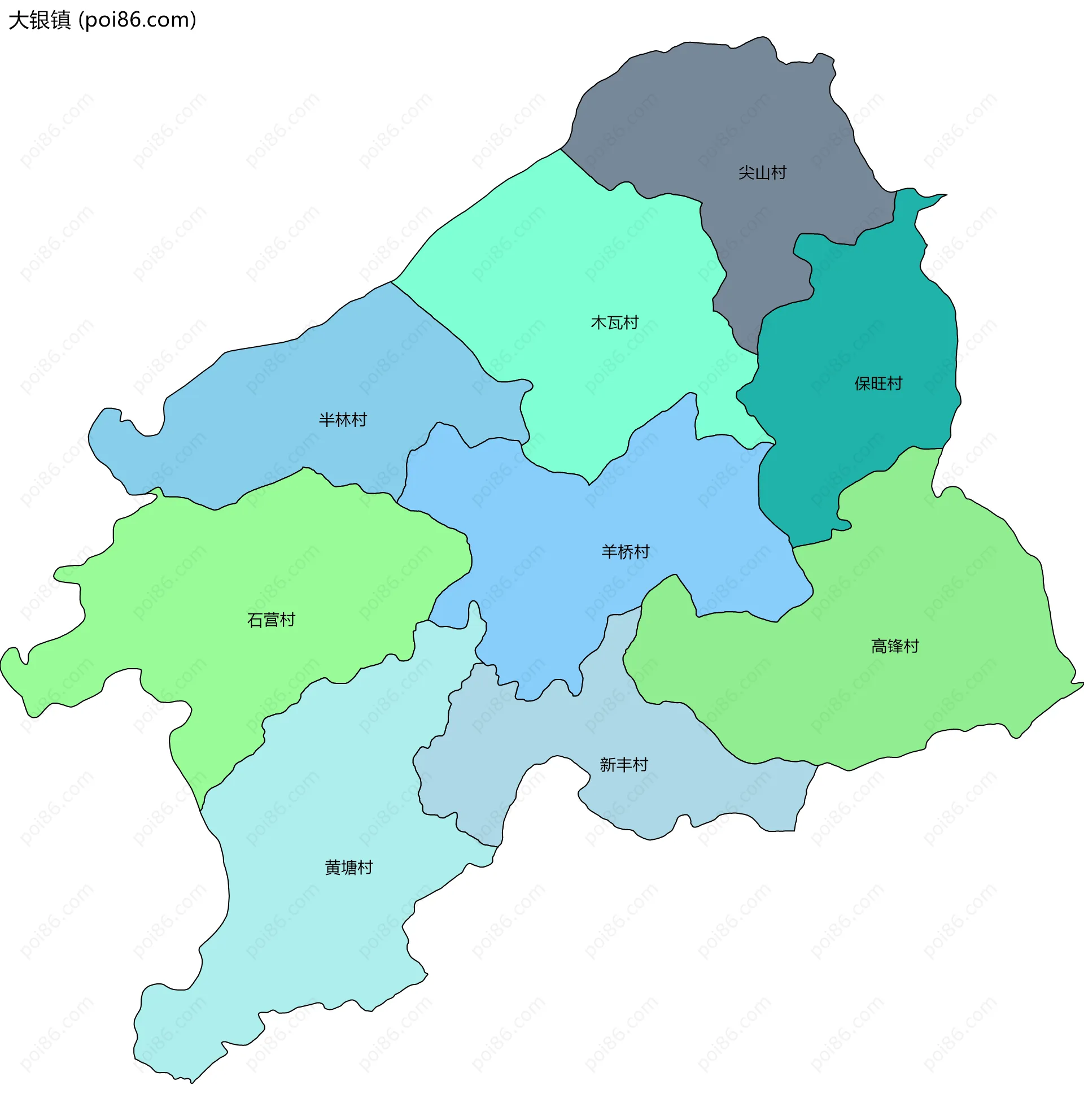 大银镇边界地图(五级行政区划)