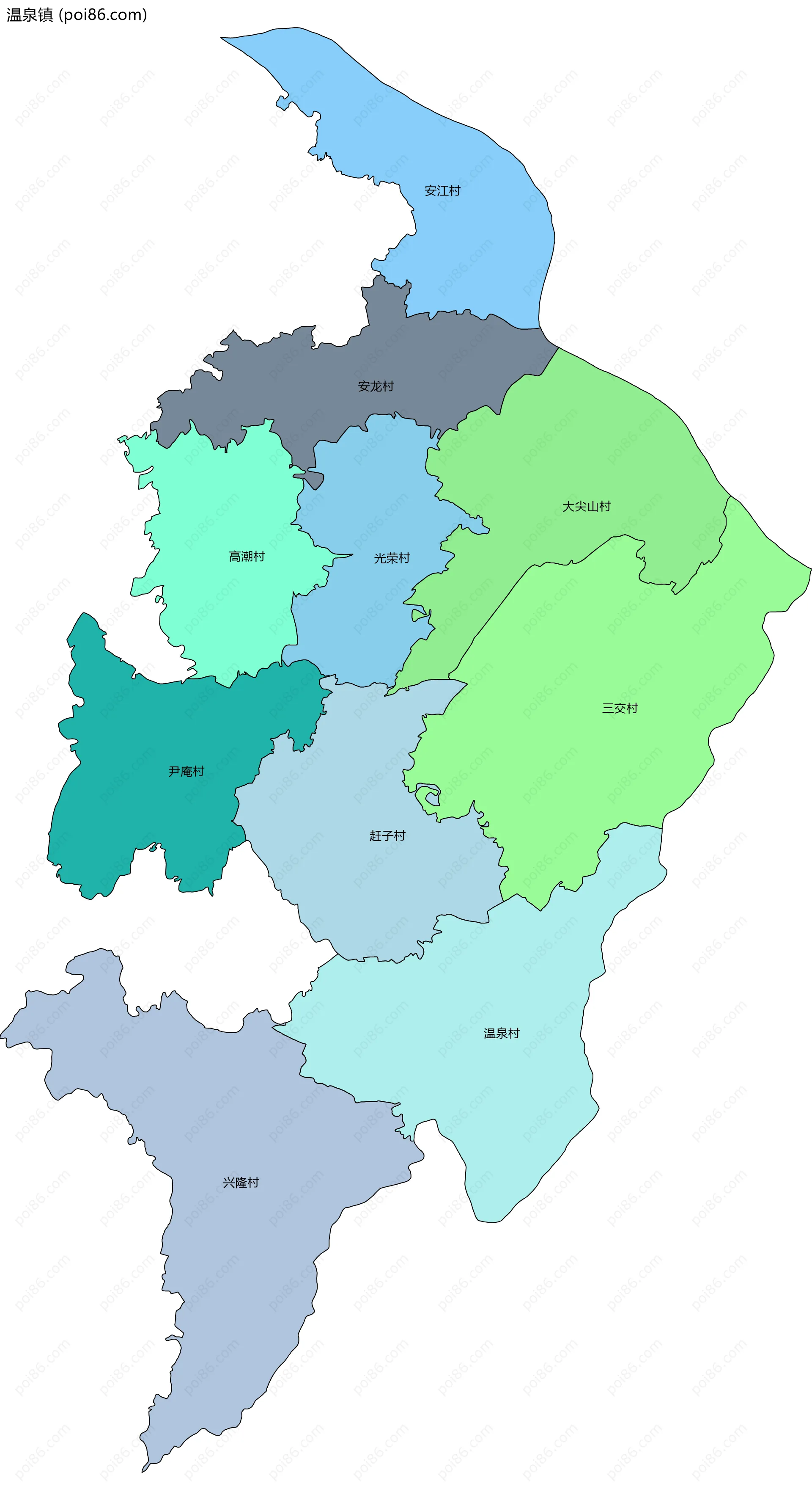 温泉镇边界地图(五级行政区划)