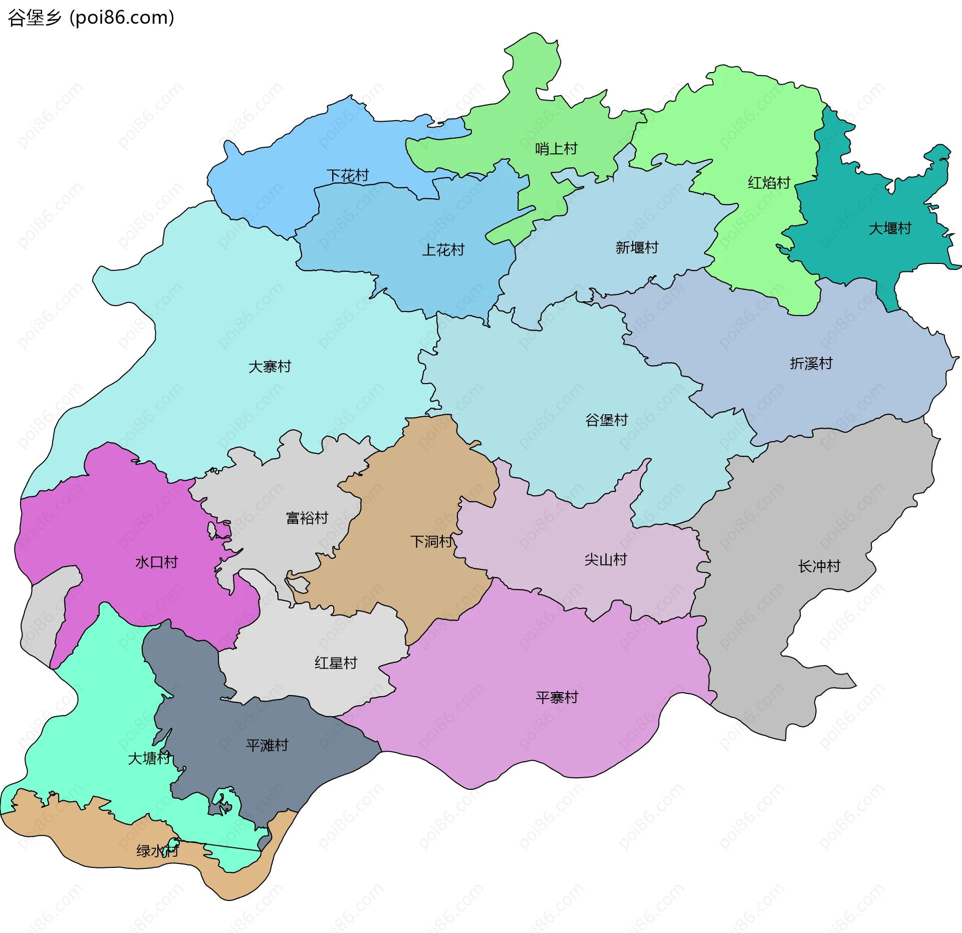 谷堡乡边界地图(五级行政区划)